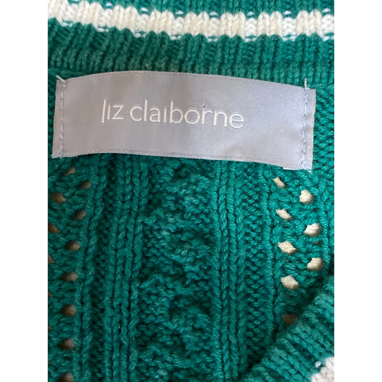 Liz Claiborne Women's Green Stripe Cable Knit V Neck Long Sleeve Sweater Top S - Image 3