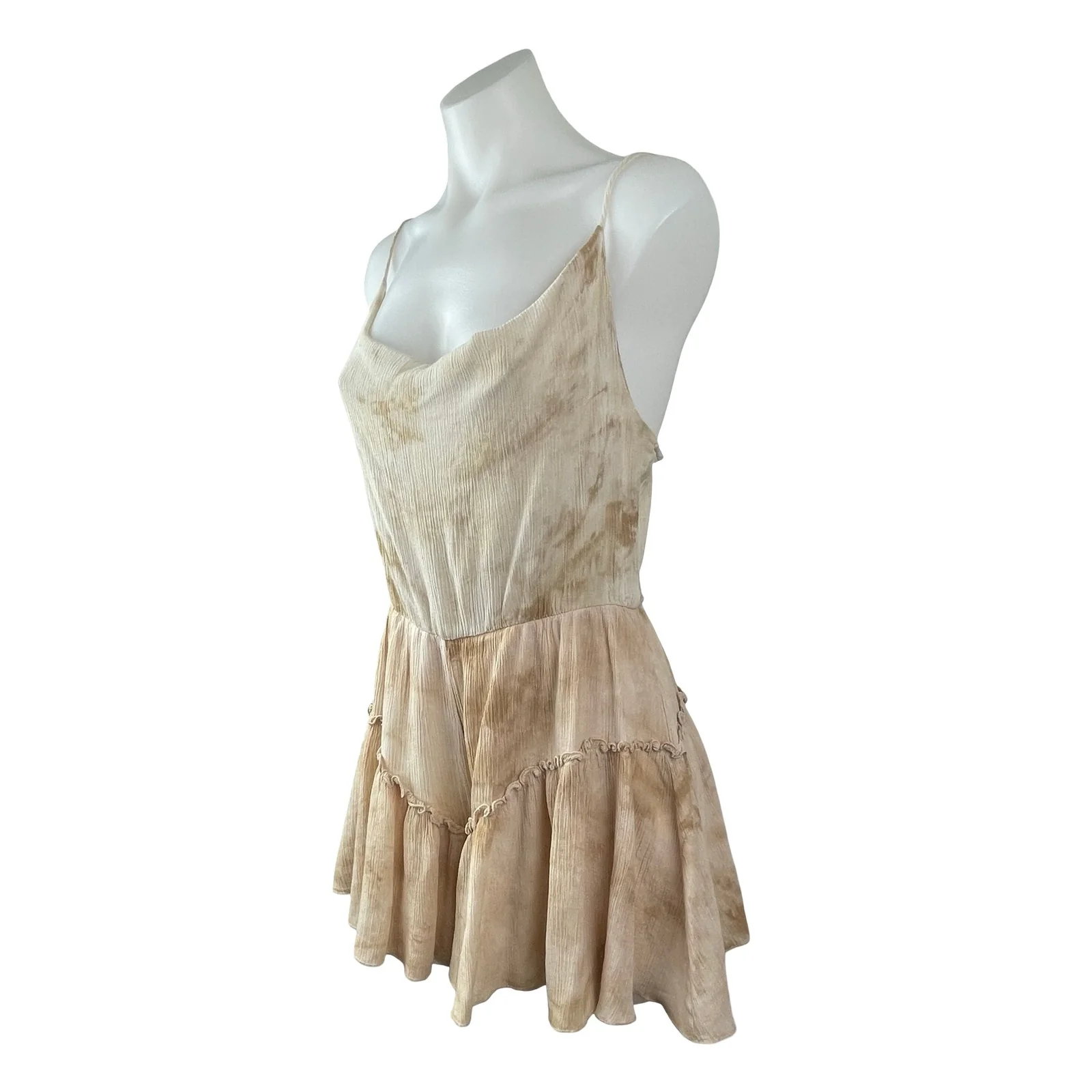 Lizard Thicket Peach Love Beige Tie Dye Sleeveless Cami Tiered Romper Shorts L - Image 3