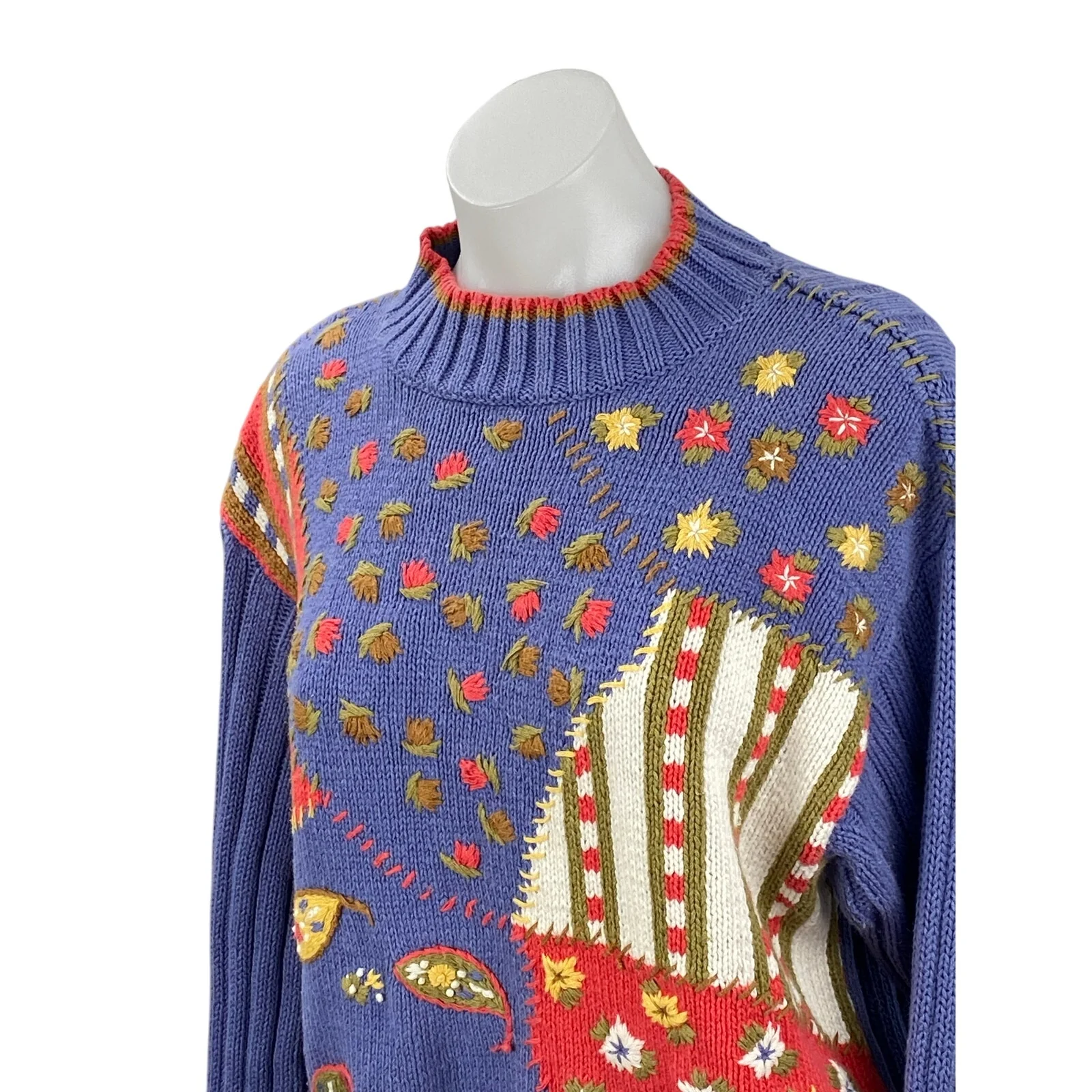 Lizwear Liz Claiborne Blue Ribbed Knit Floral Paisley Stitch Crewneck Sweater S - Image 2