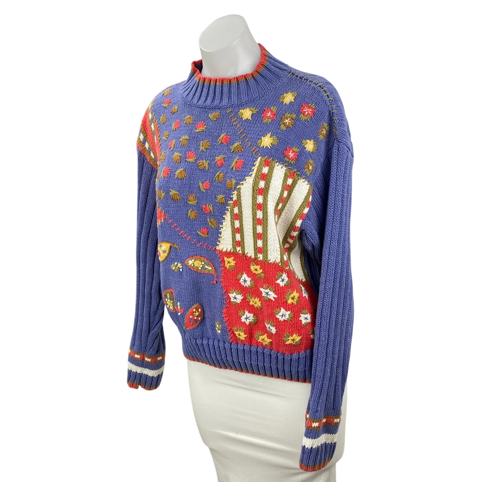 Lizwear Liz Claiborne Blue Ribbed Knit Floral Paisley Stitch Crewneck Sweater S - Image 3