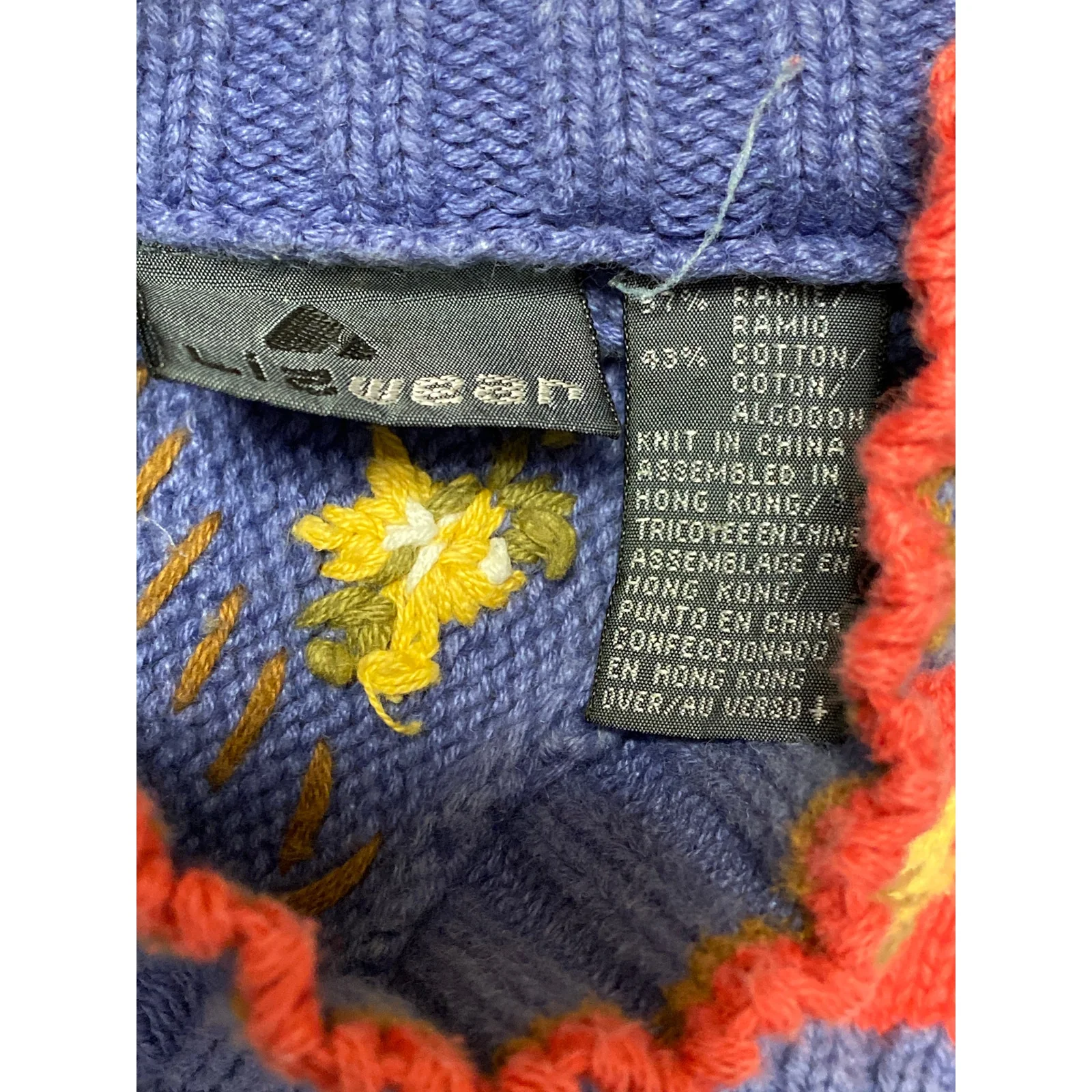 Lizwear Liz Claiborne Blue Ribbed Knit Floral Paisley Stitch Crewneck Sweater S - Image 5