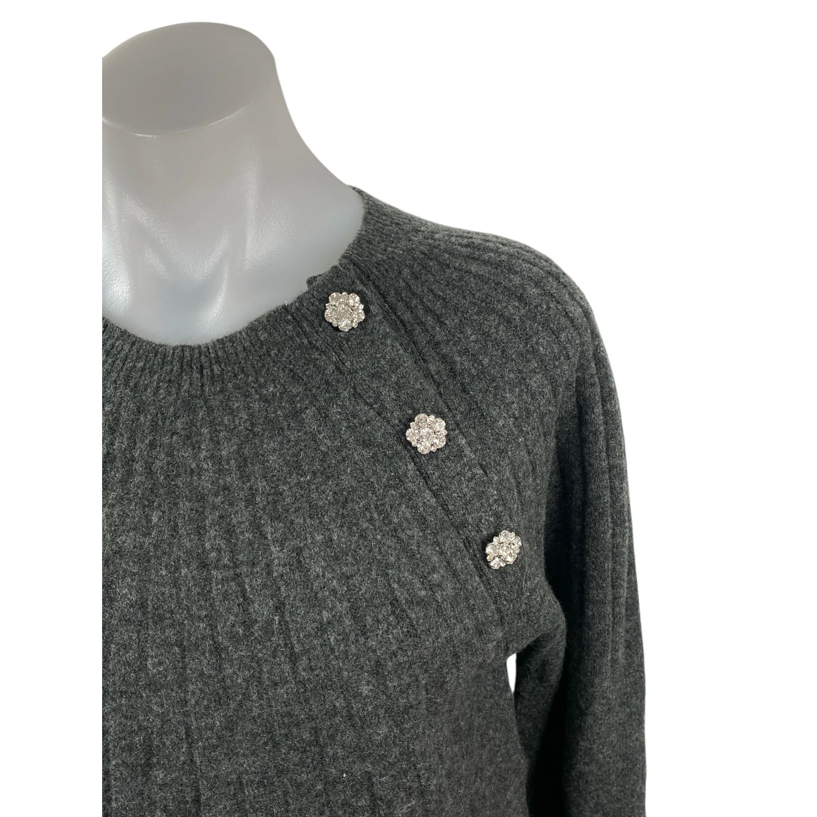 Loft Gray Wool Crew Neck Long Sleeve Button Shoulder Sweatshirt Sweater Top Sz S - Image 2