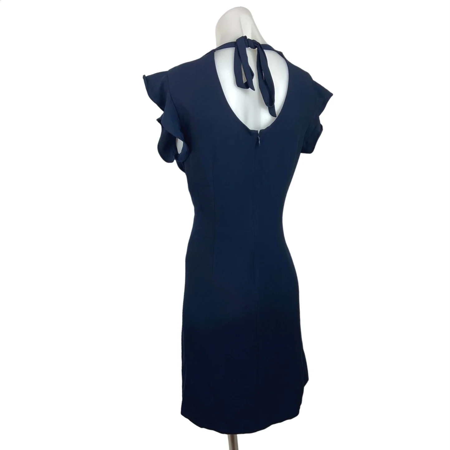 LOFT Navy Blue Flutter Sleeve Crewneck Back Cut-Out Tie Neck Shift Dress Size 8 - Image 2