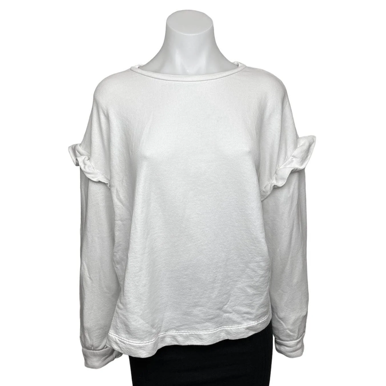 LOFT White Ruffle Trim Long Sleeve Crew Neck Pullover Loungewear Sweatshirt Sz L