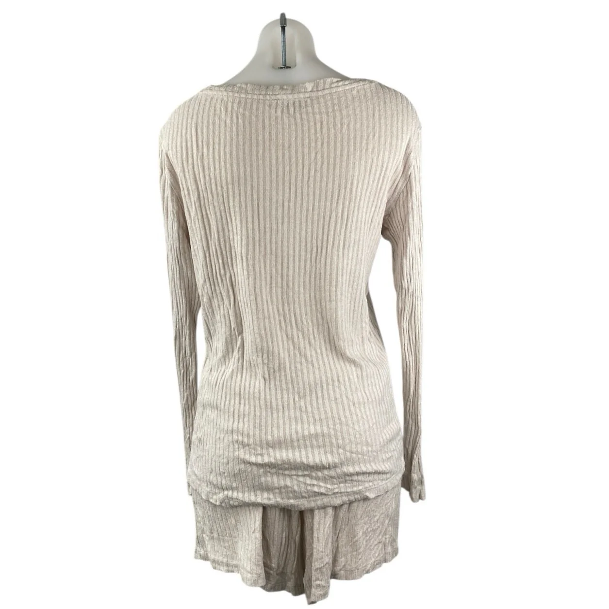 LOFT Women's Beige Rib Knit V-Neck Henley Sleepwear Lounge Pajama Set Size M - Image 2