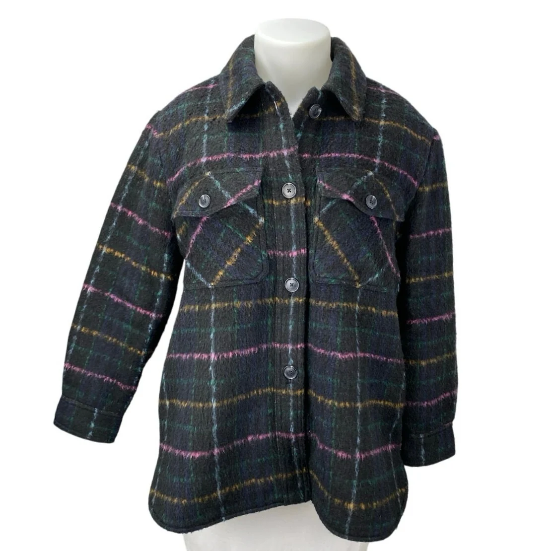 LOFT Women's Black Wool Plaid Checkered Long Sleeve Button Down Shirt Jacket XL
