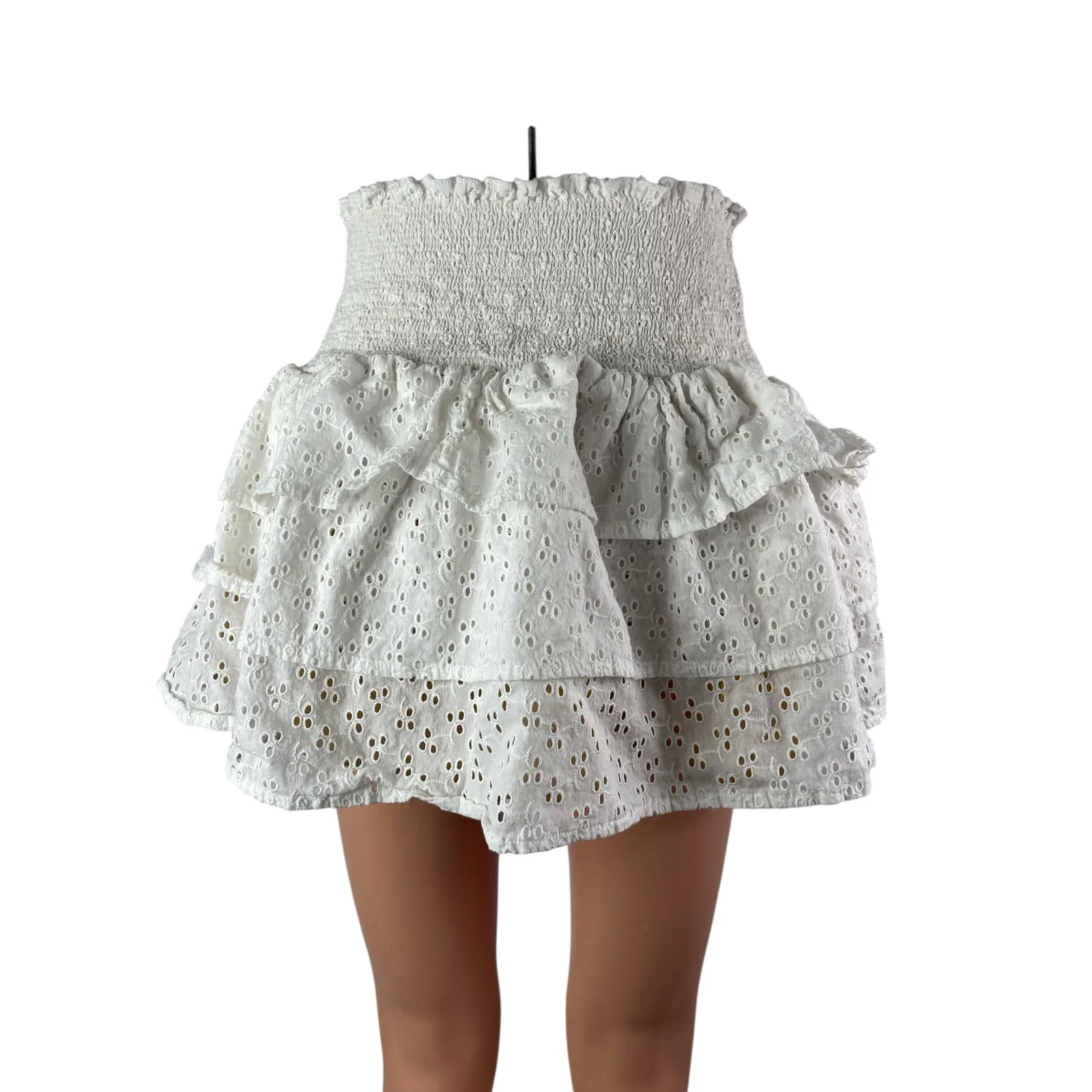 Lolli White Smocked Embroidered Eyelet Tiered Ruffle High Waist Mini Skirt Sz M - Image 3