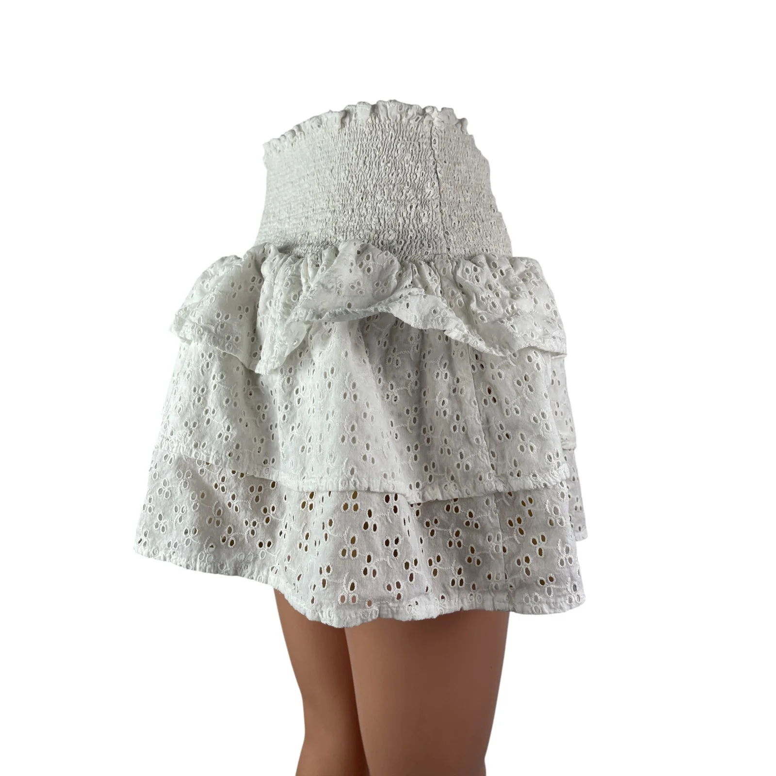 Lolli White Smocked Embroidered Eyelet Tiered Ruffle High Waist Mini Skirt Sz M - Image 4