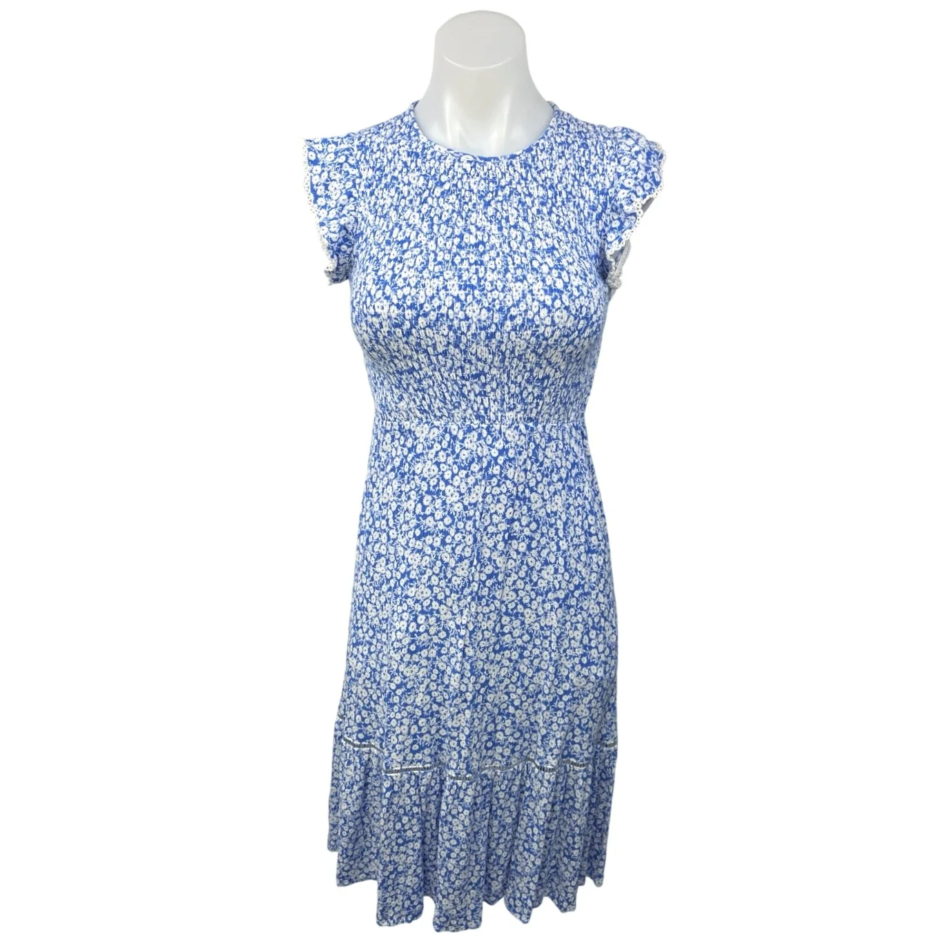 Lost + Wander Blue White Floral Smocked Ruffle Crew A Line Midi Dress Size XS