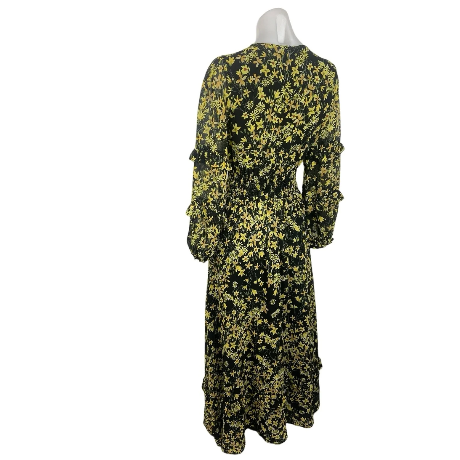 Lost Wander Marianna Black Green Floral Ruffle Long Sleeve Prairie Maxi Dress XS - Image 2
