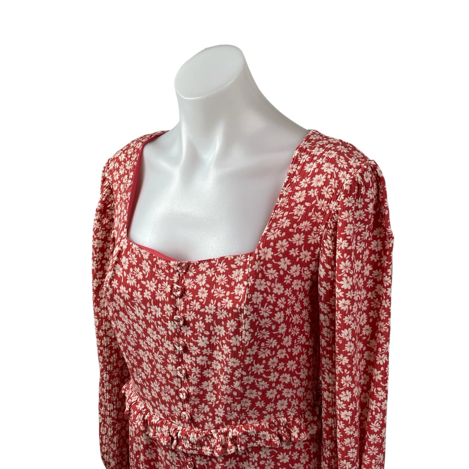 Lost + Wander Red Floral Shirred Long Sleeve Ruffle Blouson Maxi Dress Size S - Image 2