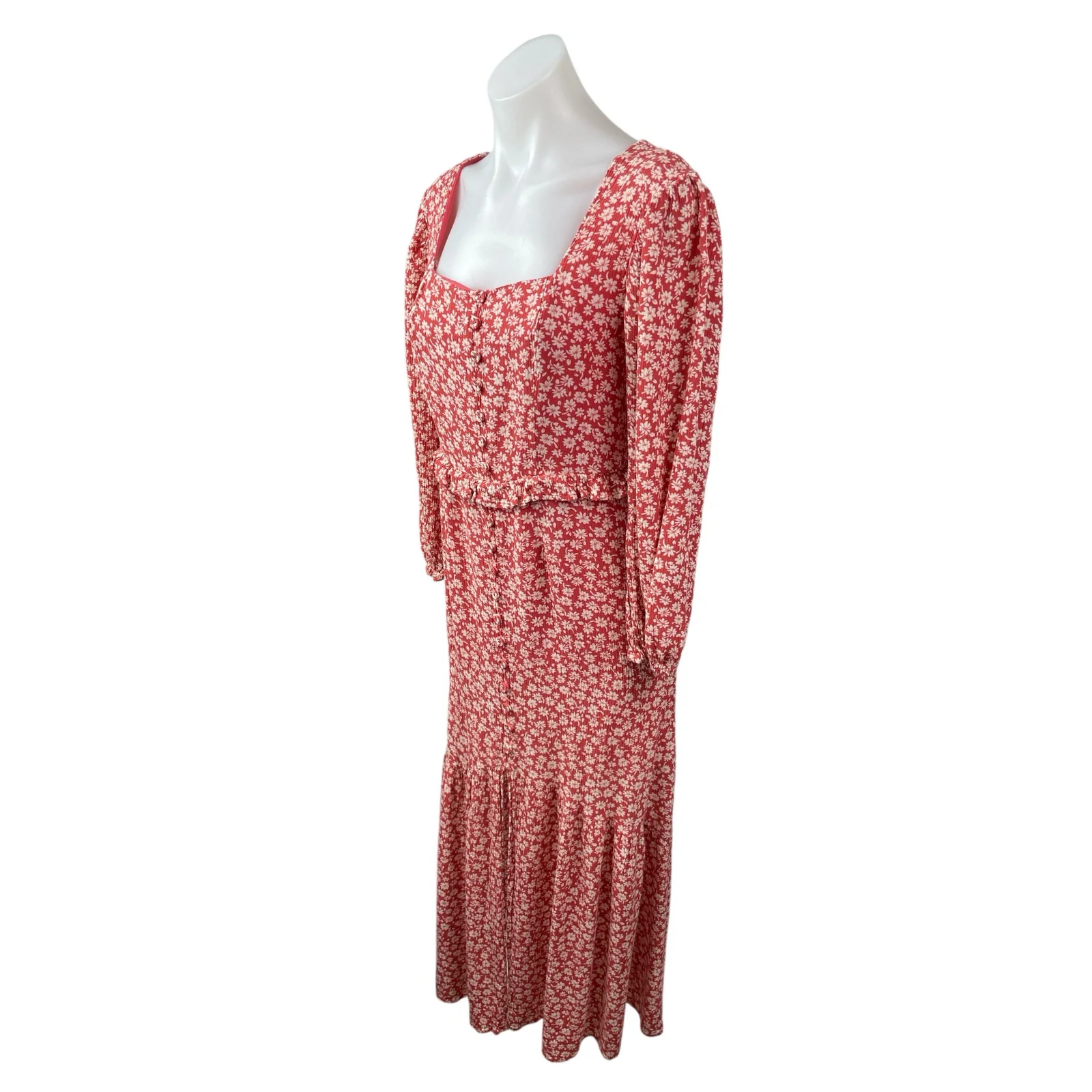 Lost + Wander Red Floral Shirred Long Sleeve Ruffle Blouson Maxi Dress Size S - Image 3