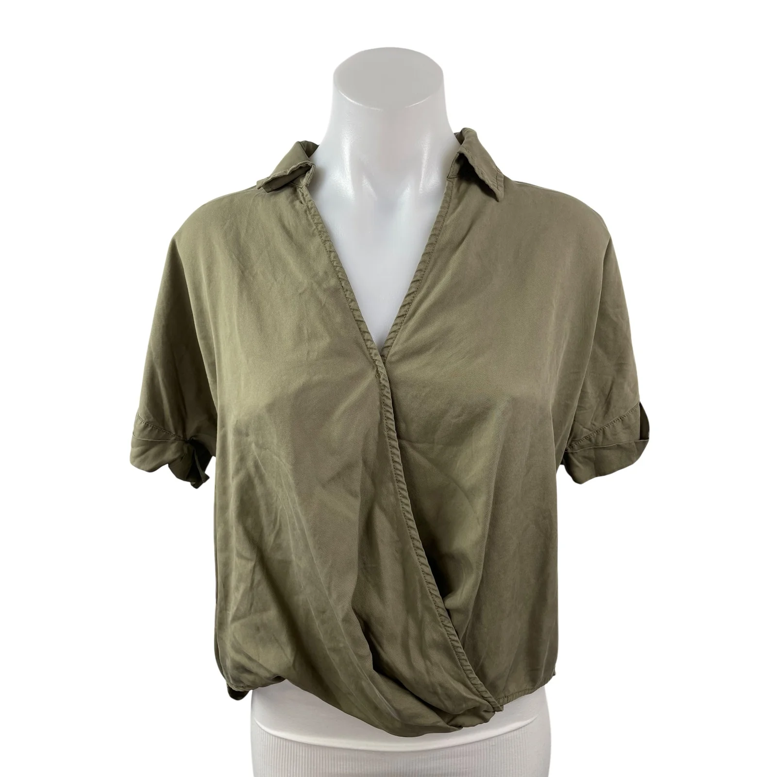 Lou & Grey for Loft Women's Green Collared Short Sleeve Wrap Front Blouse Top S