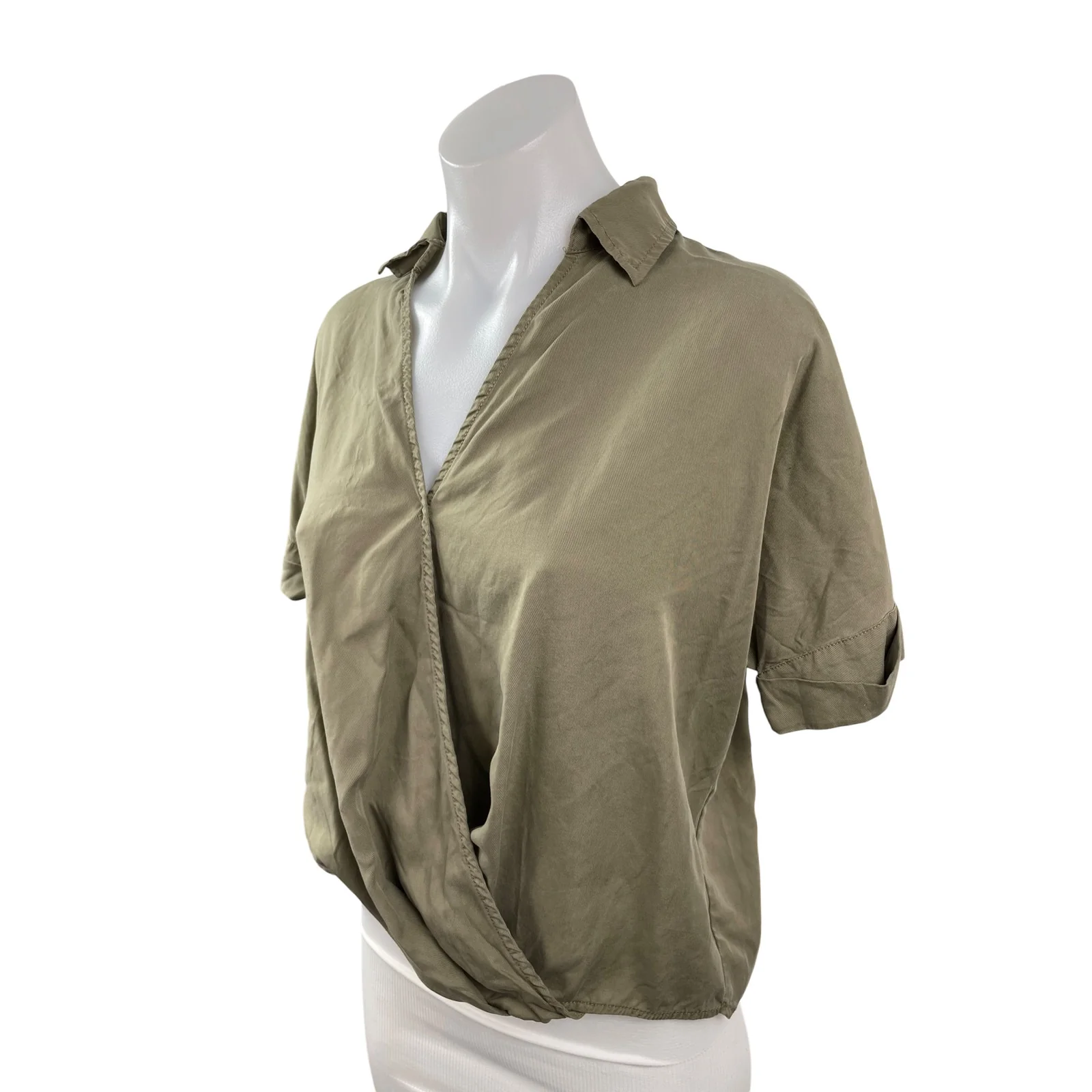 Lou & Grey for Loft Women's Green Collared Short Sleeve Wrap Front Blouse Top S - Image 3
