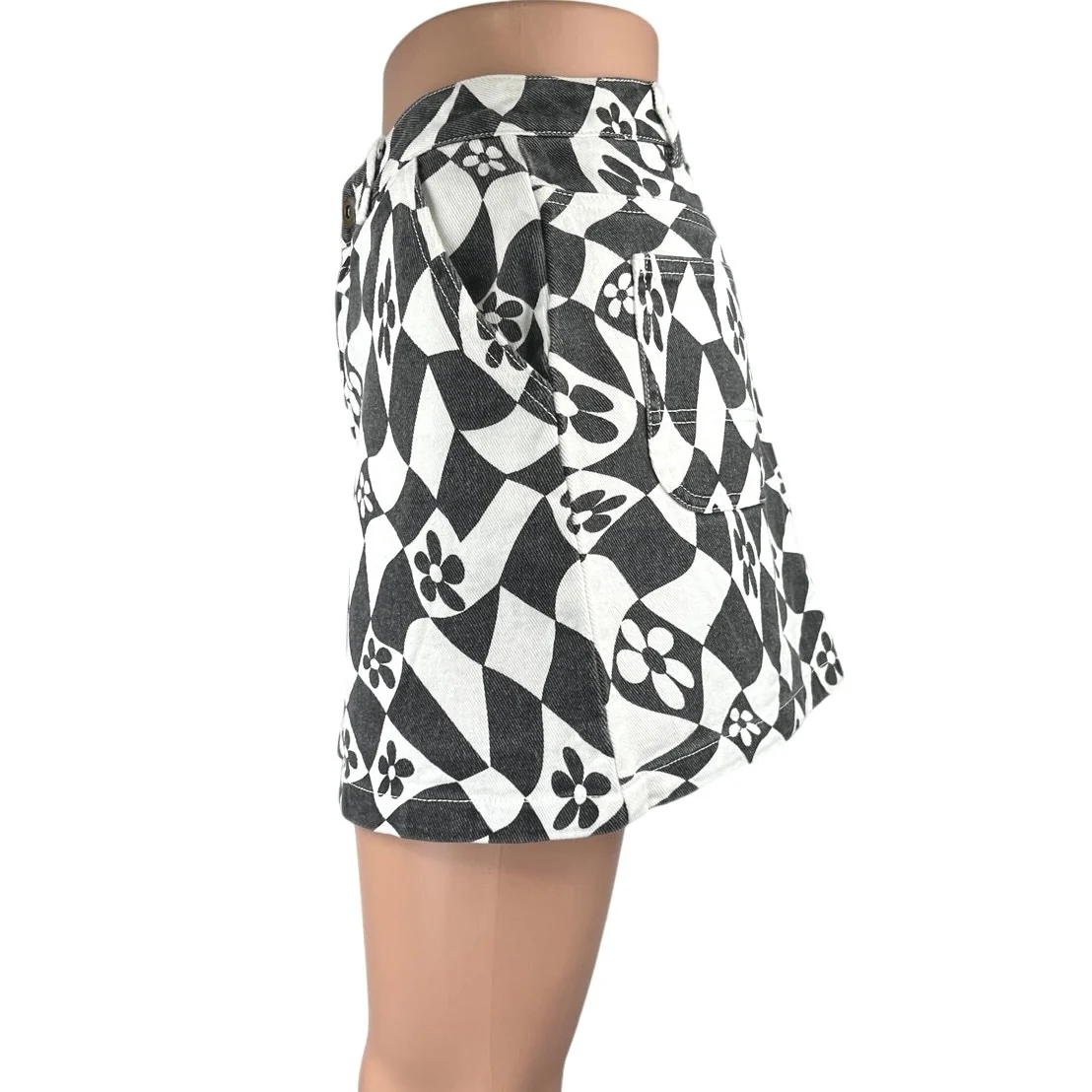 Love Riche White Black Floral Checkered High Waist Mini Straight Pencil Skirt S - Image 2