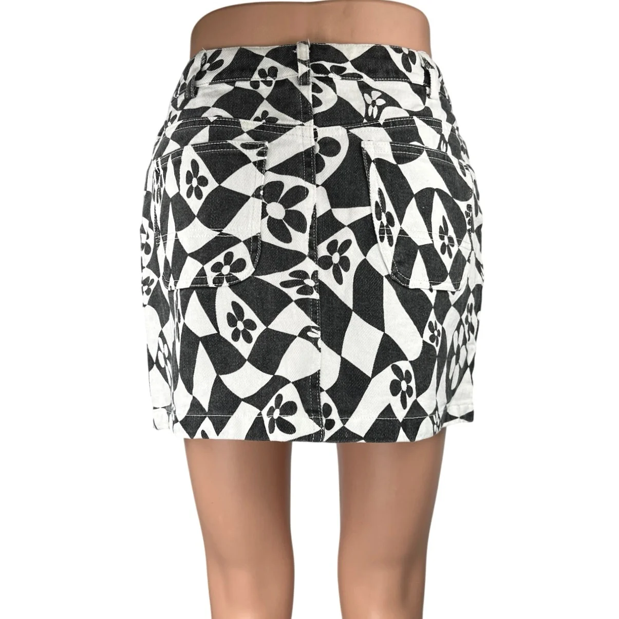 Love Riche White Black Floral Checkered High Waist Mini Straight Pencil Skirt S - Image 3
