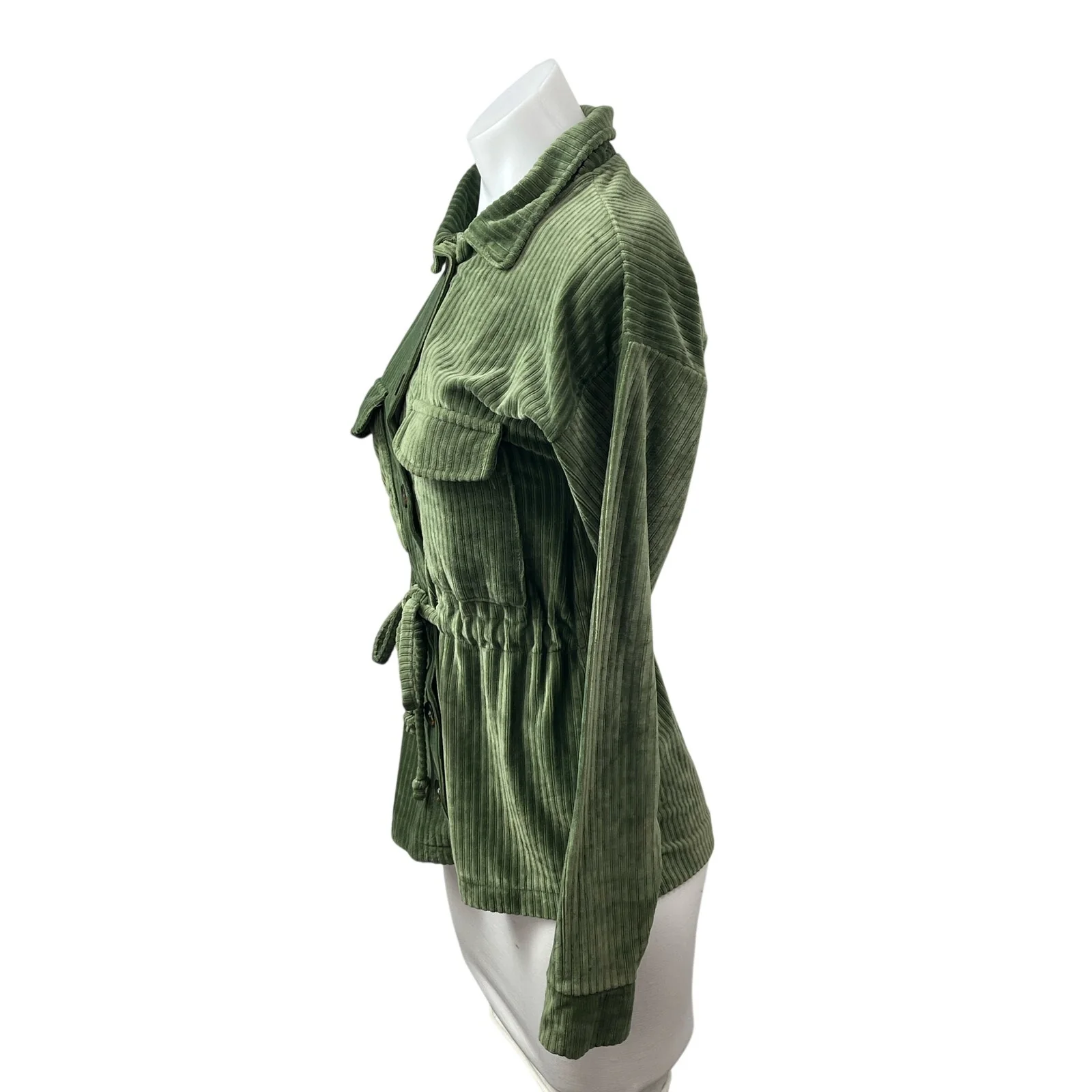 Love Women's Green Corduory Long Sleeve Tie Waist Utility Button Up Jacket Sz S - Image 3