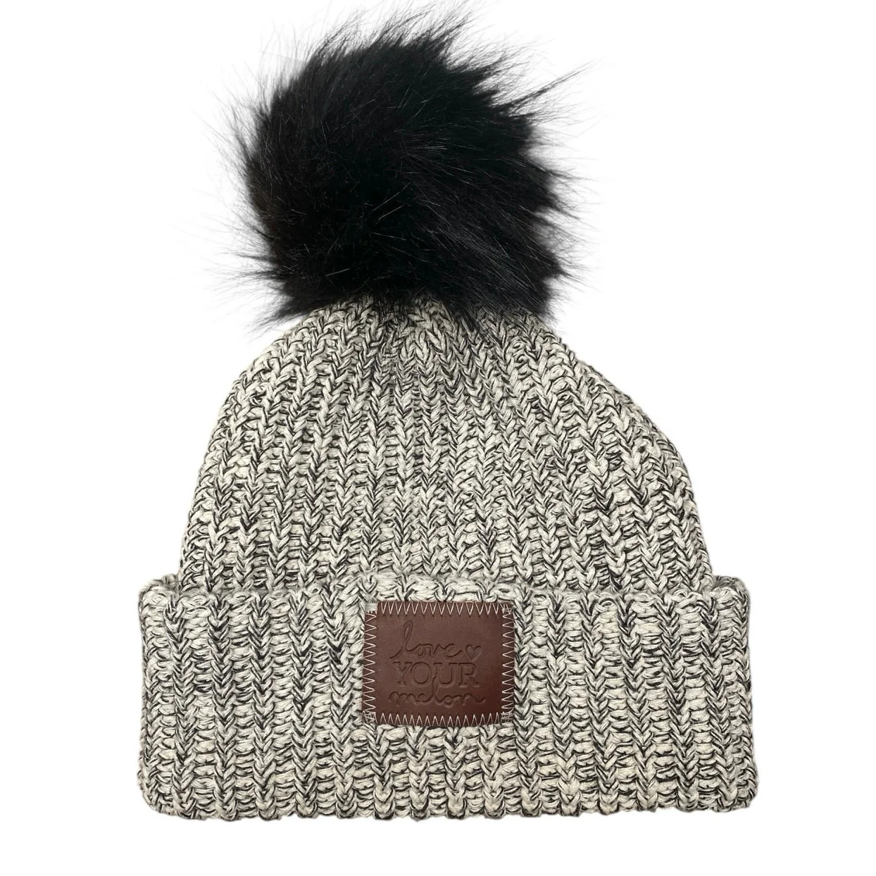 Love Your Melon Gray Faux Fur Pom Pom Cuffed Knit Winter Beanie Cap Hat One Size