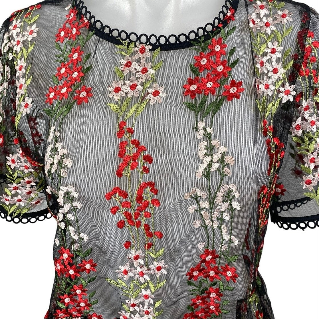 Loveriche Black Mesh Sheer Floral Embroidered Short Sleeve Peplum Blouse Top M - Image 3
