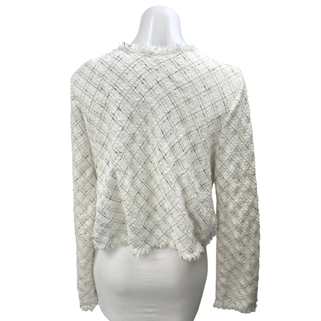 Lovers + Friends Lucy White Tweed Plaid Fringe Open Front Long Sleeve Jacket M - Image 2