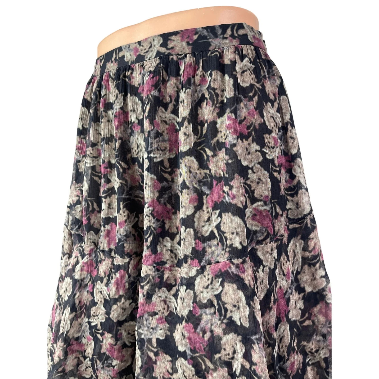 Loveshackfancy Alex Black 100% Silk Floral Tiered High Waist Midi Skirt Size XS - Image 3
