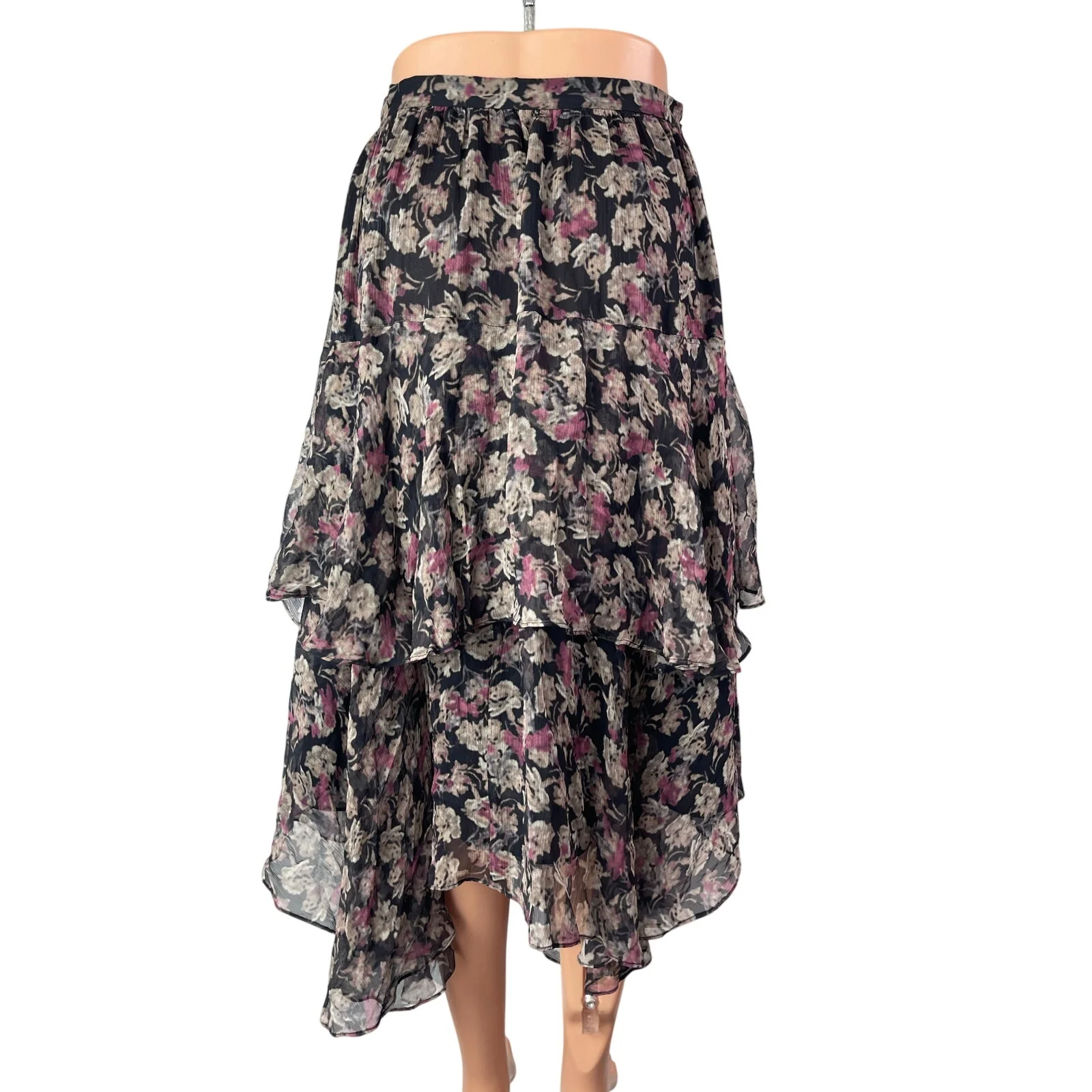 Loveshackfancy Alex Black 100% Silk Floral Tiered High Waist Midi Skirt Size XS - Image 4