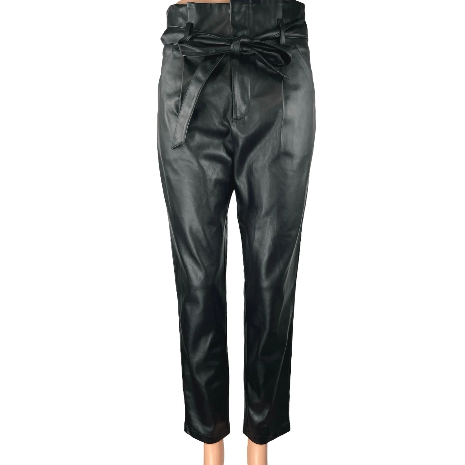 Lucy Paris Black Faux Vegan Leather Skinny High Waist Paperbag Trousers Pants S