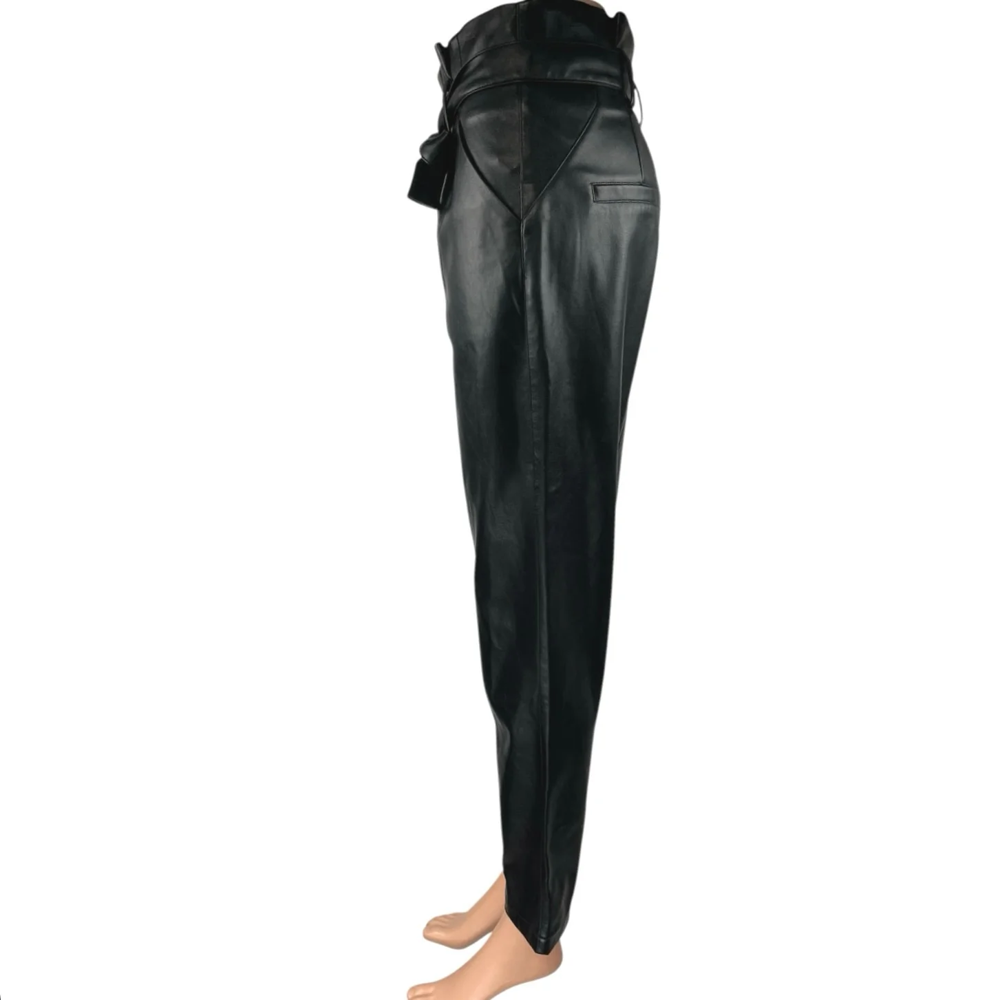Lucy Paris Black Faux Vegan Leather Skinny High Waist Paperbag Trousers Pants S - Image 2