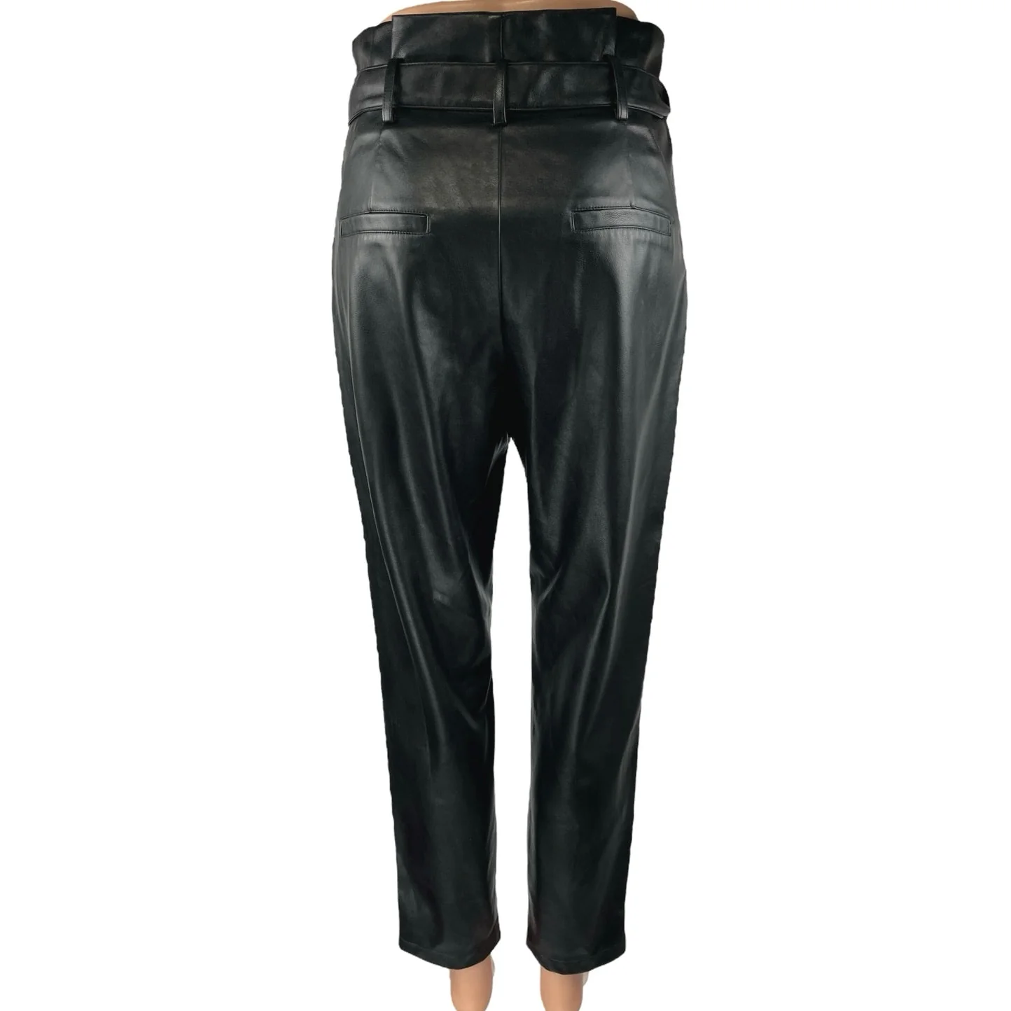 Lucy Paris Black Faux Vegan Leather Skinny High Waist Paperbag Trousers Pants S - Image 3
