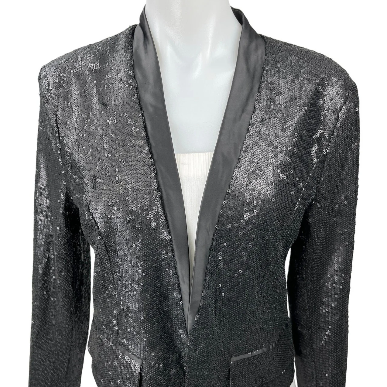 Lucy Paris Black Sequin Satin Open Front Long Sleeve Blazer Coat Jacket Size L - Image 3