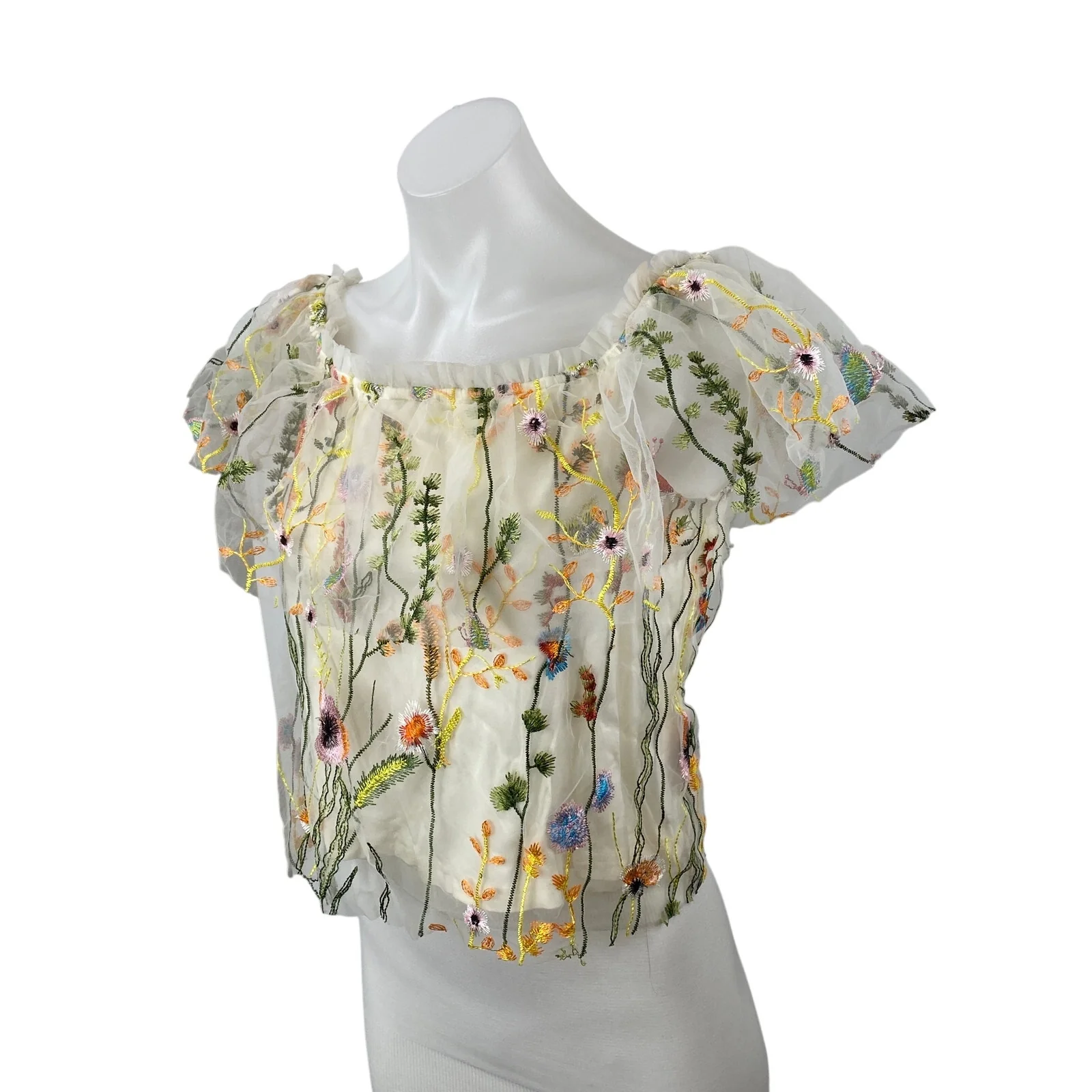 Lucy Paris White Floral Mesh Embroidered Flutter Sleeve Ruffle Blouse Top Size S - Image 2