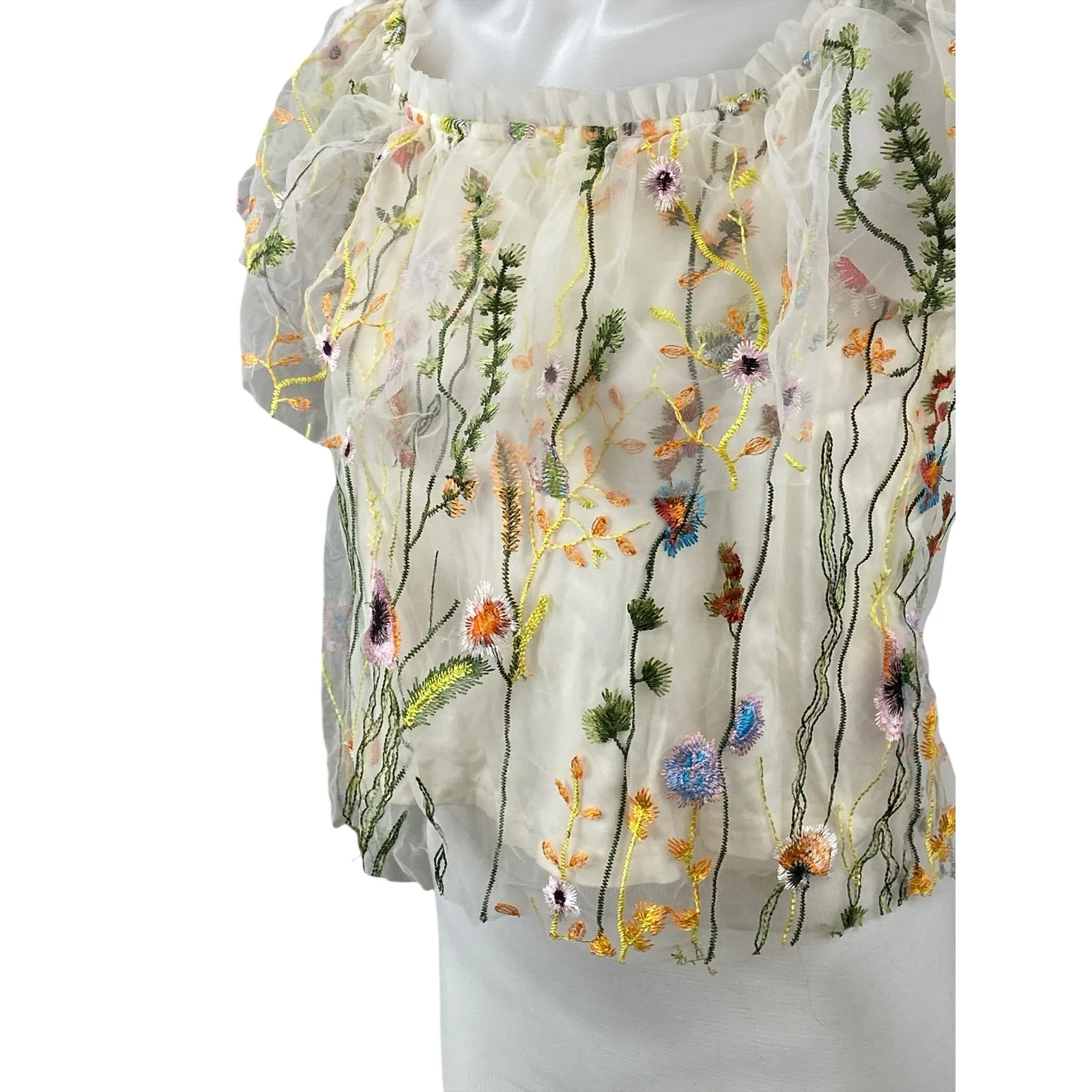 Lucy Paris White Floral Mesh Embroidered Flutter Sleeve Ruffle Blouse Top Size S - Image 3