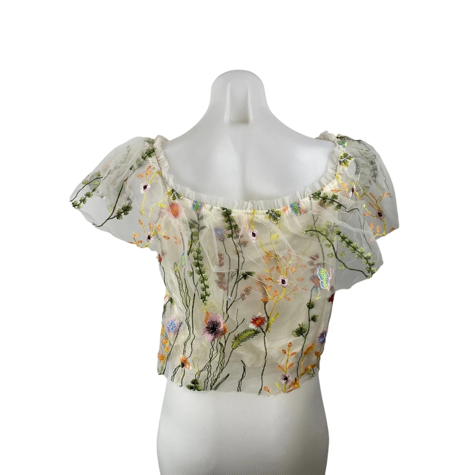 Lucy Paris White Floral Mesh Embroidered Flutter Sleeve Ruffle Blouse Top Size S - Image 4
