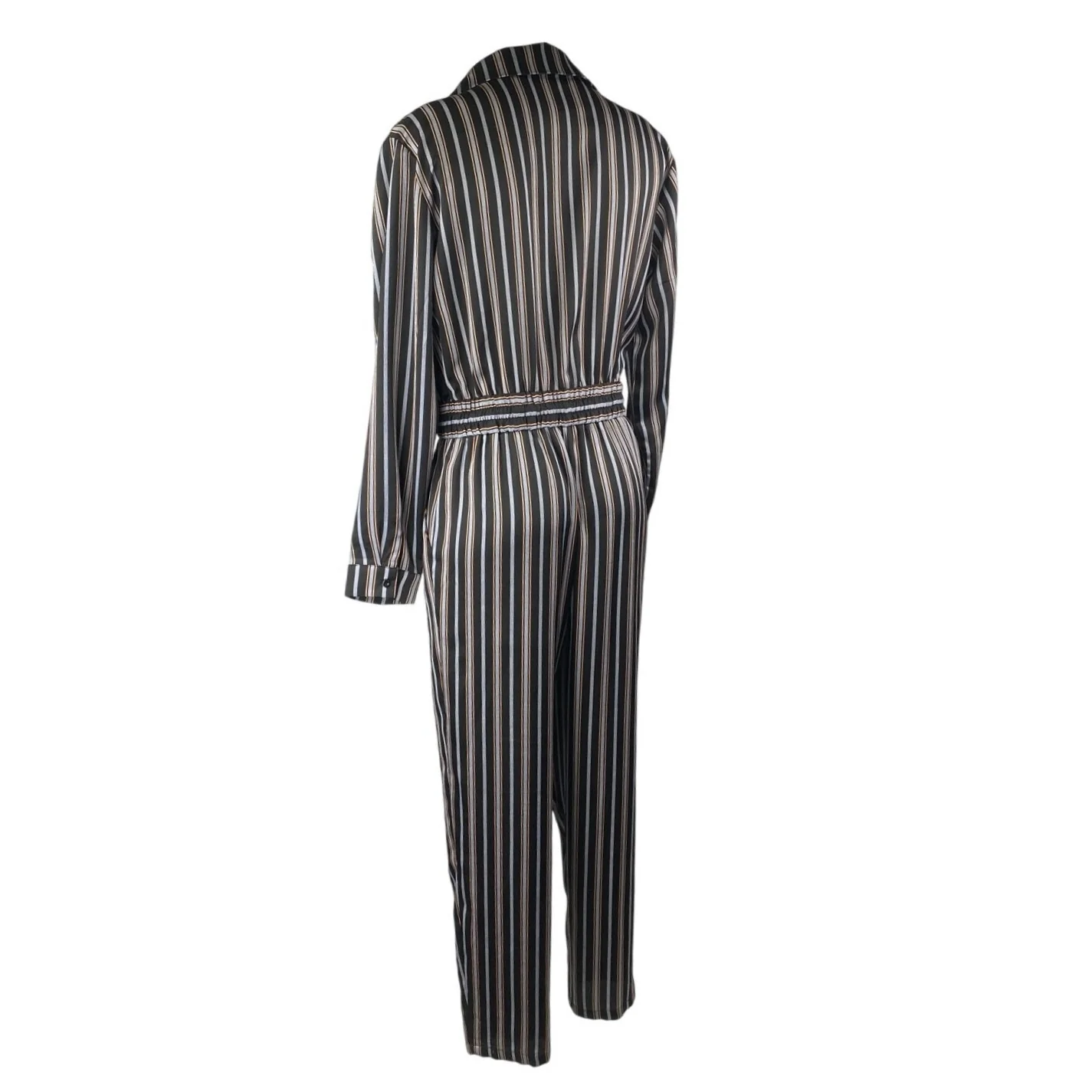 Lulus Black Striped Long Sleeve Drawstring Pockets Button Down Shirt Jumpsuit S - Image 2