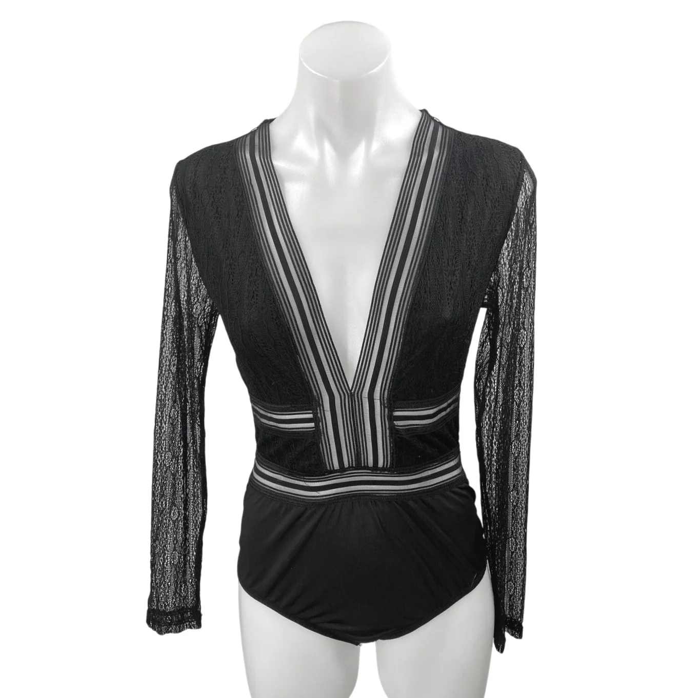 Lulus Casita Black Sheer Lace Long Sleeve Plunge V-neck Bodysuit Blouse Top Sz M