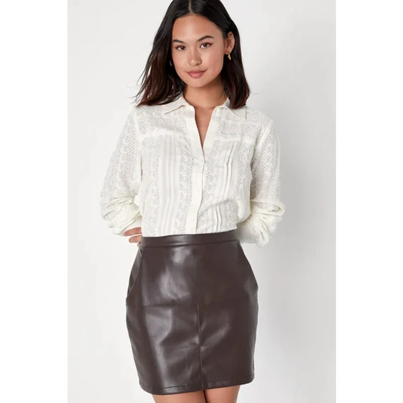 Lulus Edgy Expression Dark Brown Faux Leather Vegan Pencil Mini Skirt Size M - Image 4