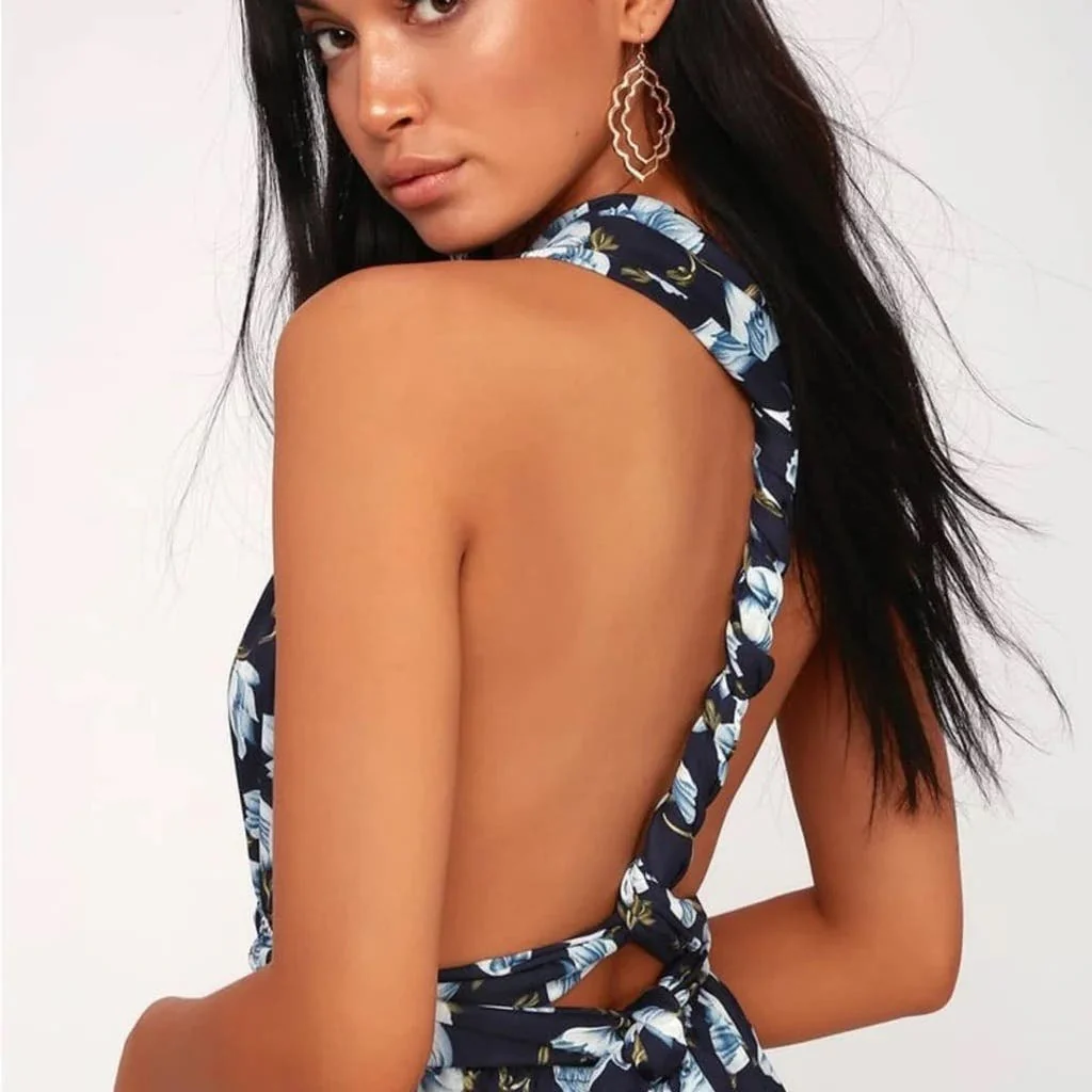 Lulus Navy Blue Floral Elated Energy Convertible Sleeveless Romper Shorts Sz XS - Image 6