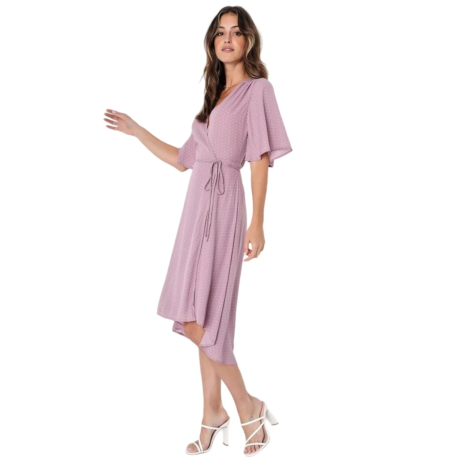 Lulus NWT Farah Pink Mauve V Neck Flowy Tie Flutter Sleeve Midi Wrap Dress Sz M - Image 5