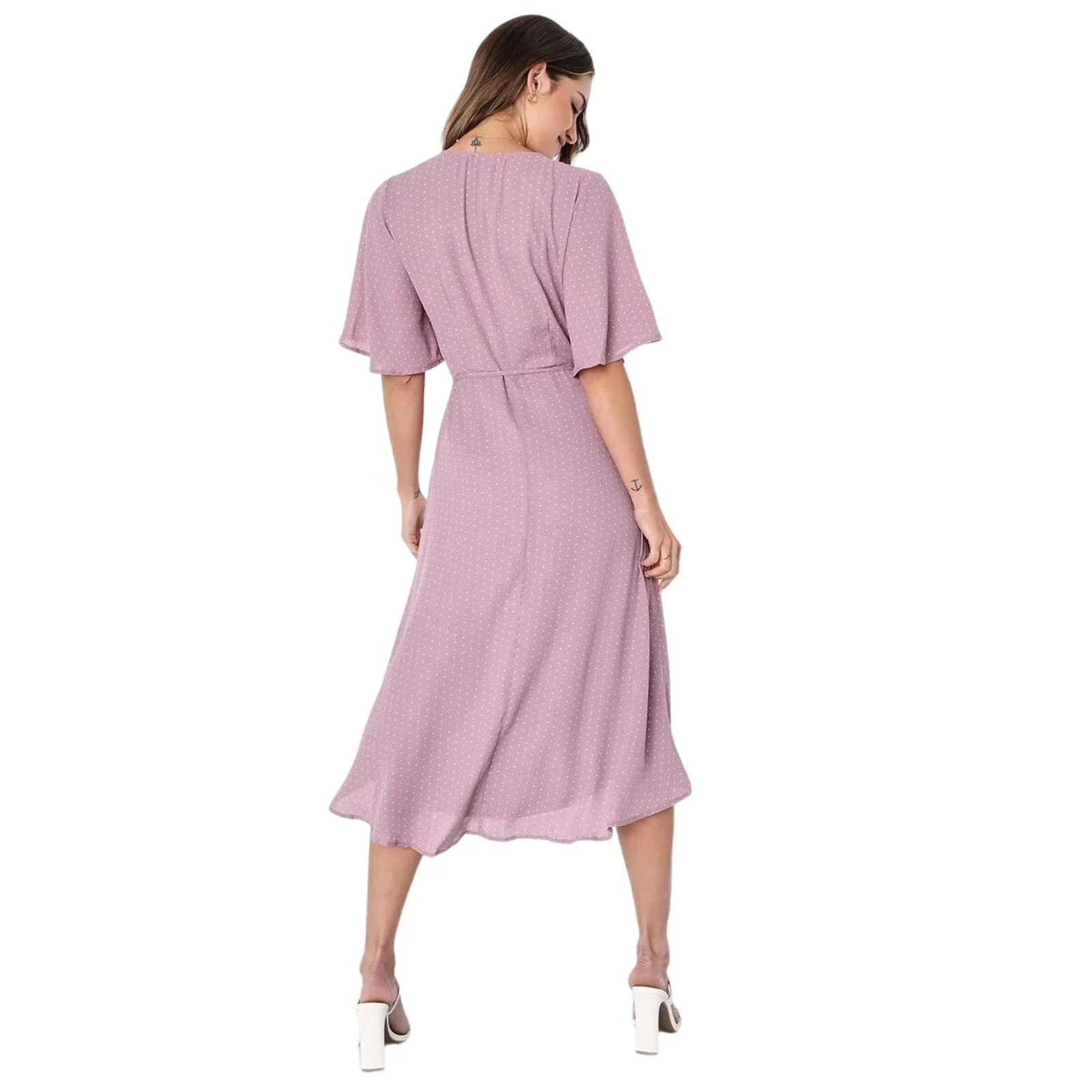 Lulus NWT Farah Pink Mauve V Neck Flowy Tie Flutter Sleeve Midi Wrap Dress Sz M - Image 8