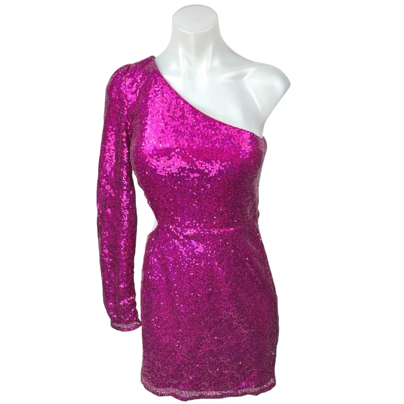 Lulus Pink Sequin One Shoulder Sparkly Shimmer Cutout Waist Mini Dress Size S