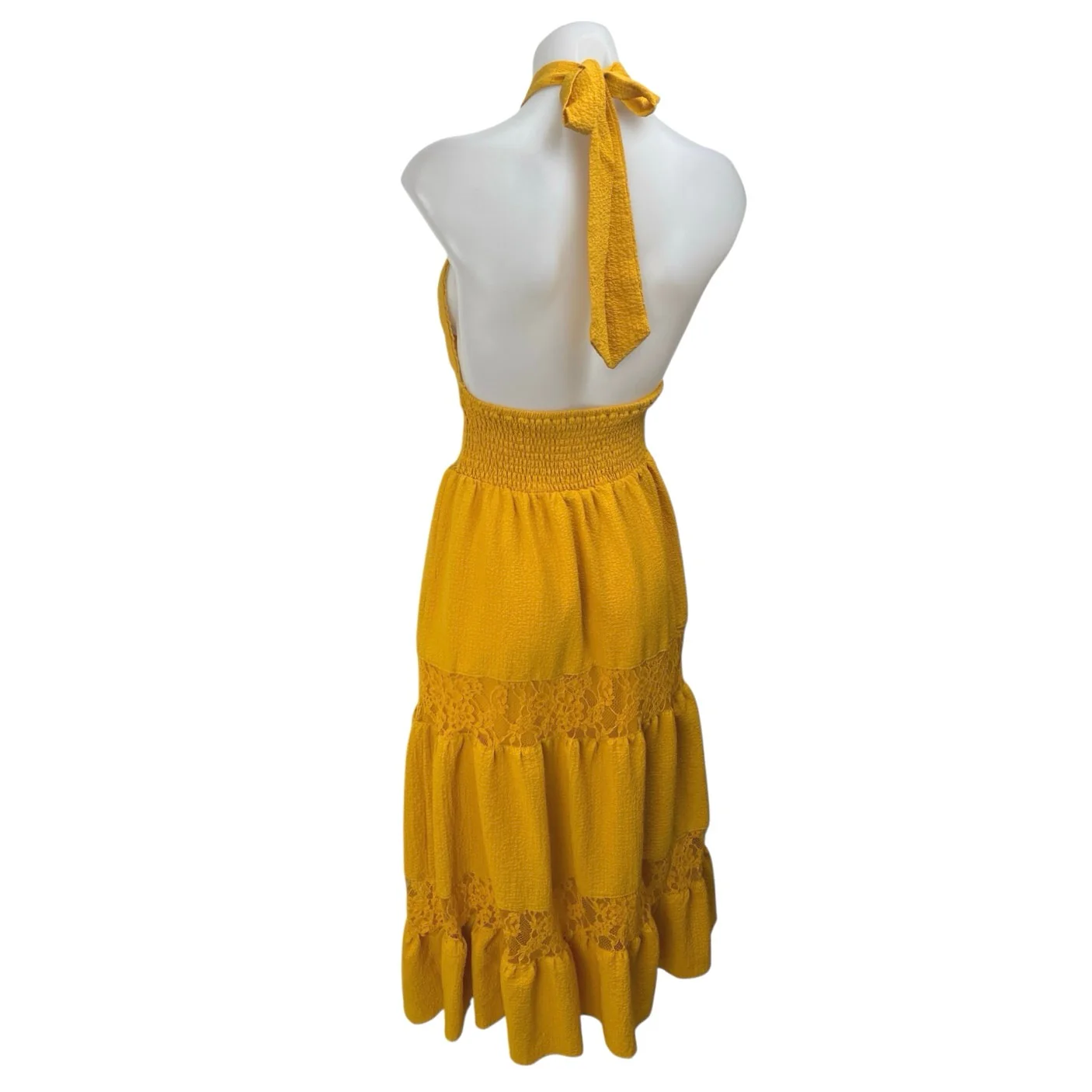 Lulus Sunshine Fine Yellow Sleeveless Lace Tiered Halter Midi A-Line Dress Sz XS - Image 2