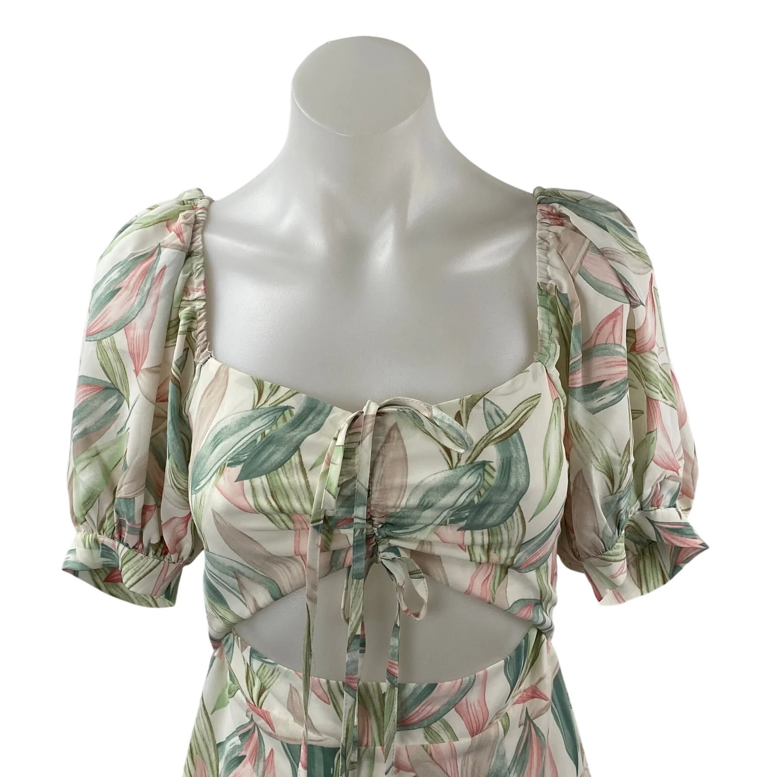 Lulus Thriving Moment Floral Cut Out Ruched Puff Sleeve Midi A-Line Dress Sz XS - Image 2