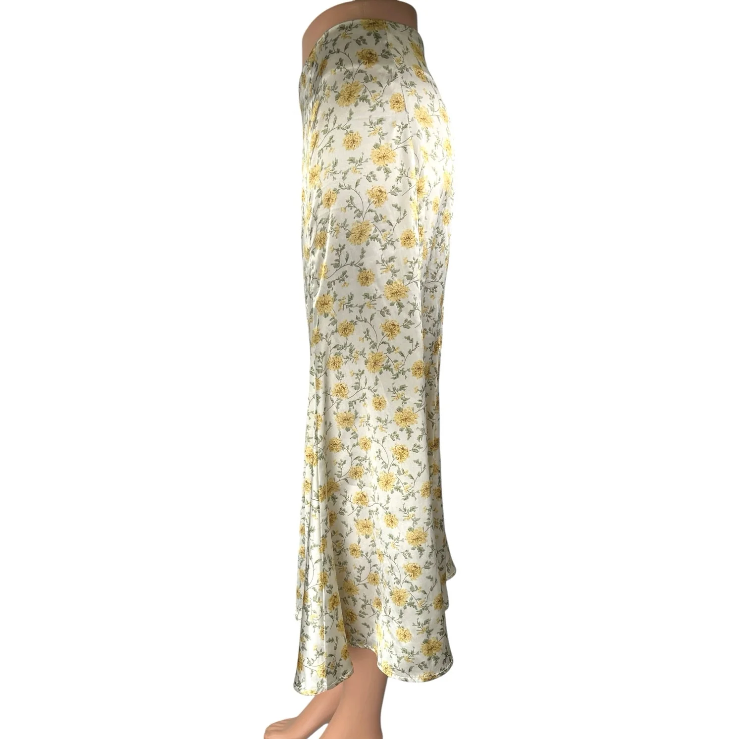 Lulus White Yellow Floral Silk Satin High Waisted Peasant Slip Midi Skirt Size M - Image 2