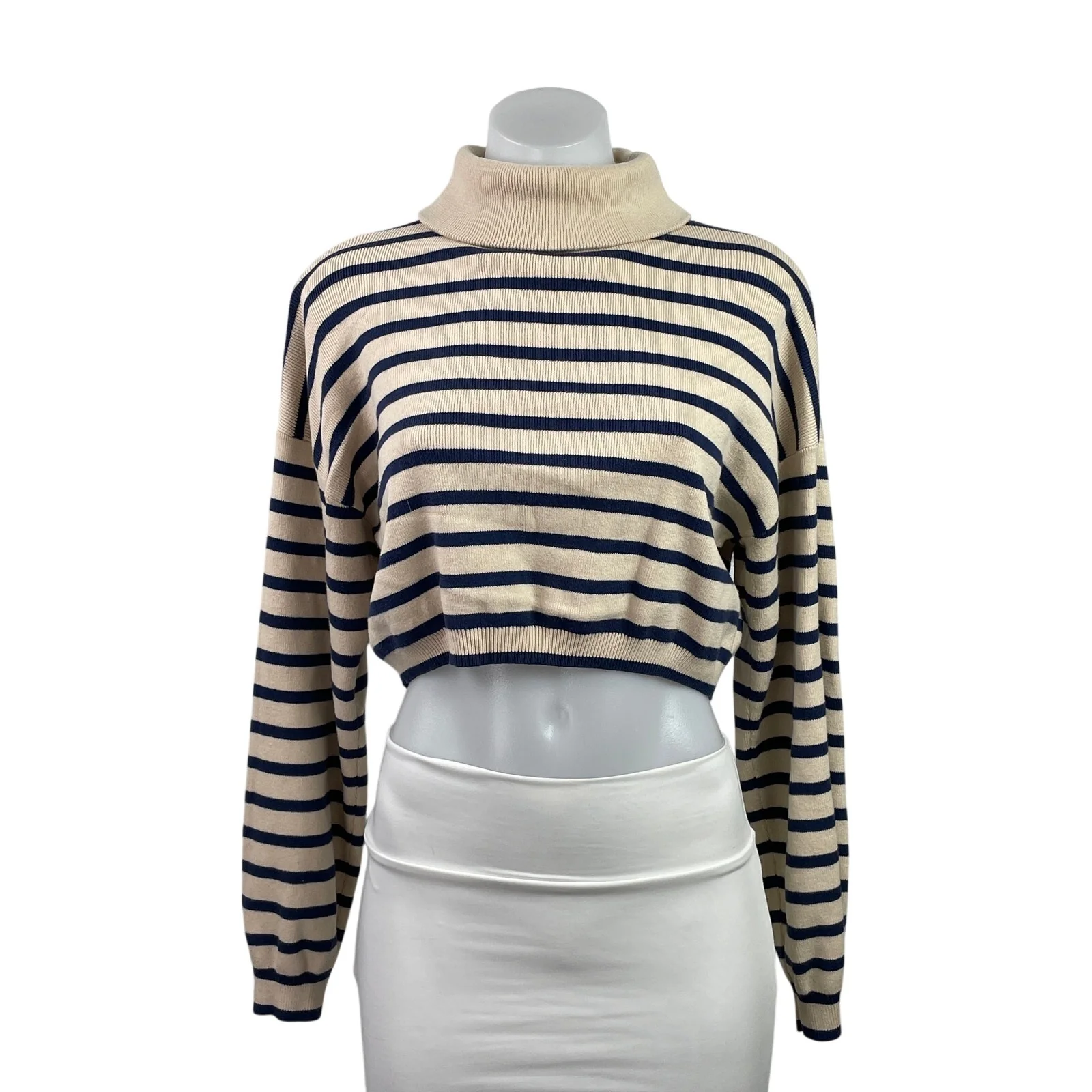 Lulus Womens Beige Black Striped Turtleneck Long Sleeve Cropped Sweater Top Sz S