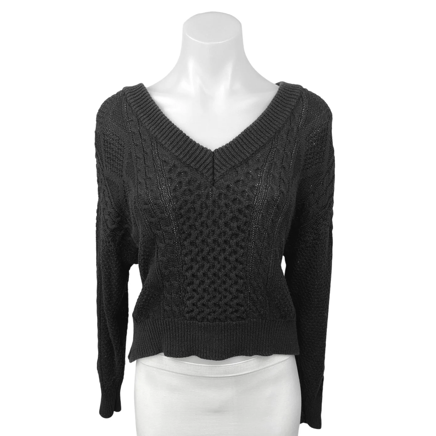 Lulus Women's Black Cable Knit V-neck Long Sleeve Pullover Crop Sweater Top S
