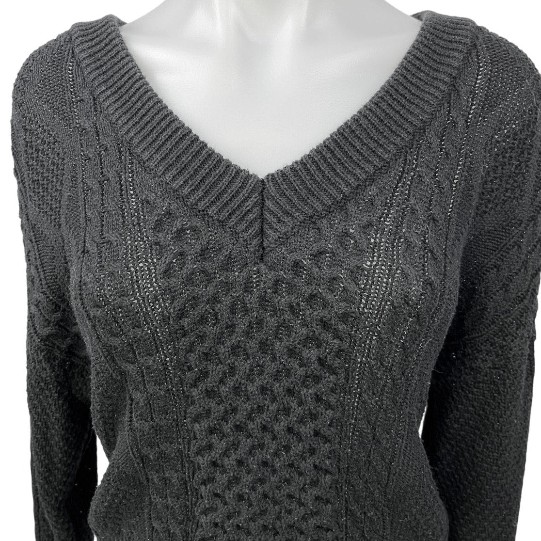 Lulus Women's Black Cable Knit V-neck Long Sleeve Pullover Crop Sweater Top S - Image 3