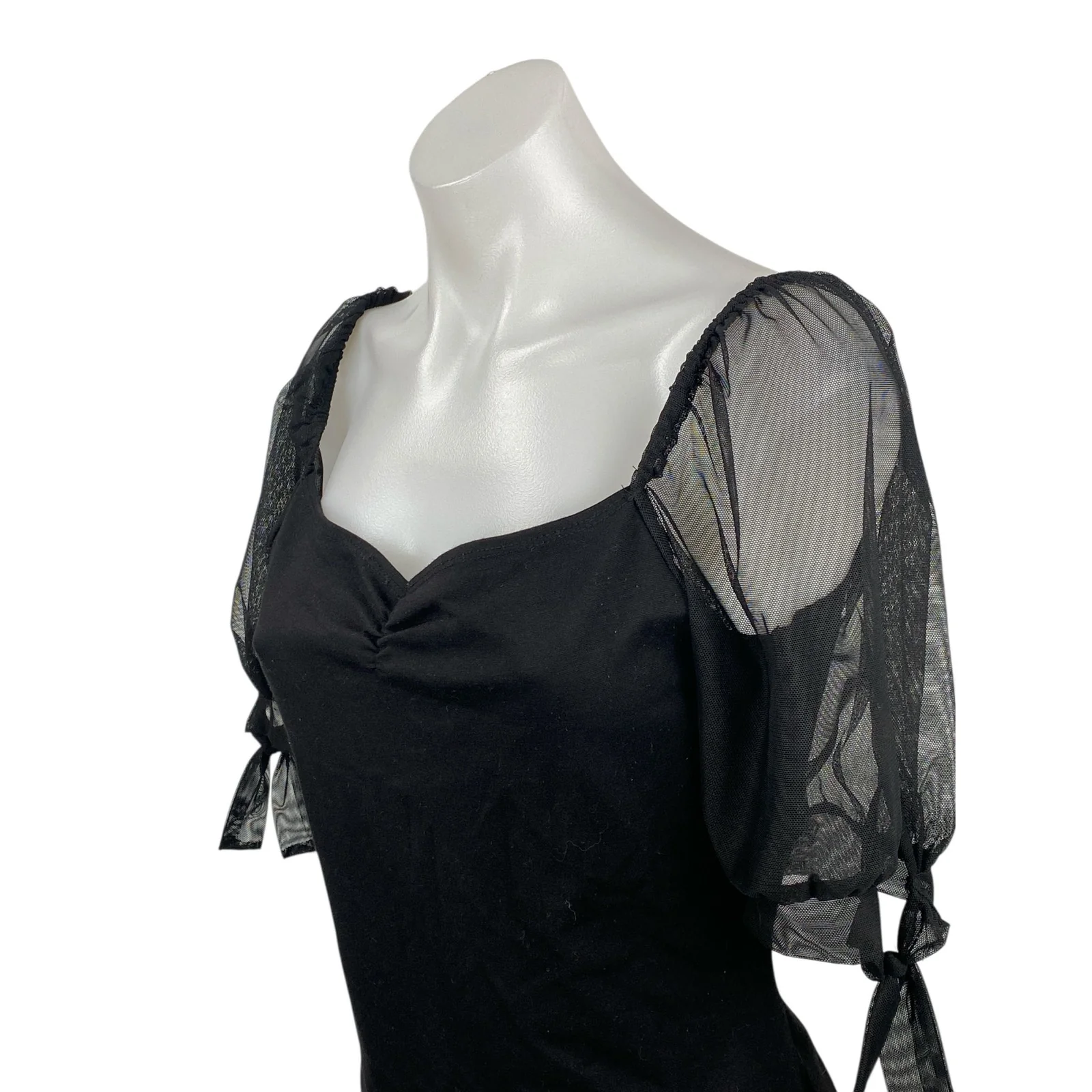 Lulus Women's Black Sheer Mesh Short Puff Sleeve Sweatheart Neck Bodysuit Top L - Image 2