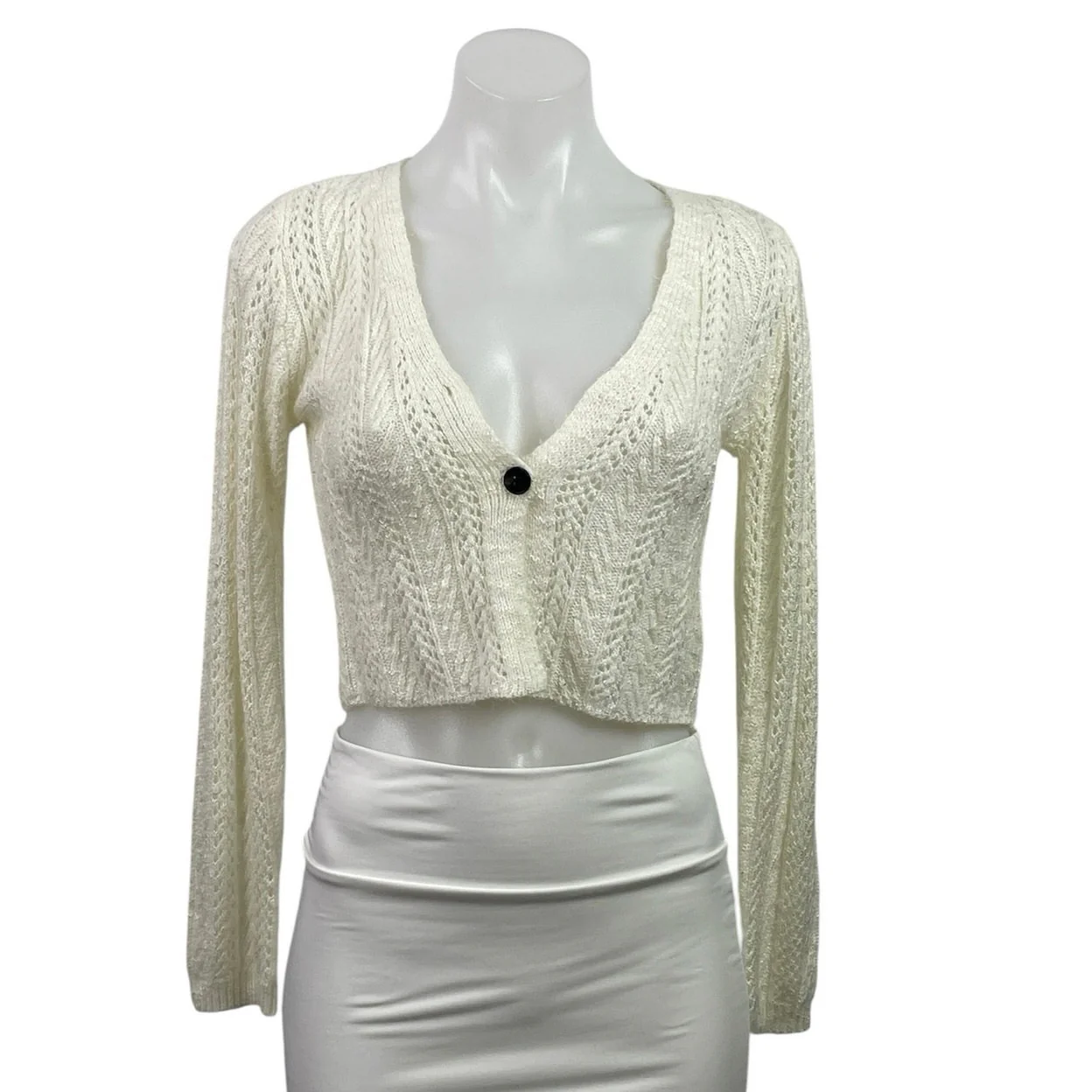 Lulus Women's Cream Pointelle Knit Long Sleeve Crop Cardigan Sweater XS