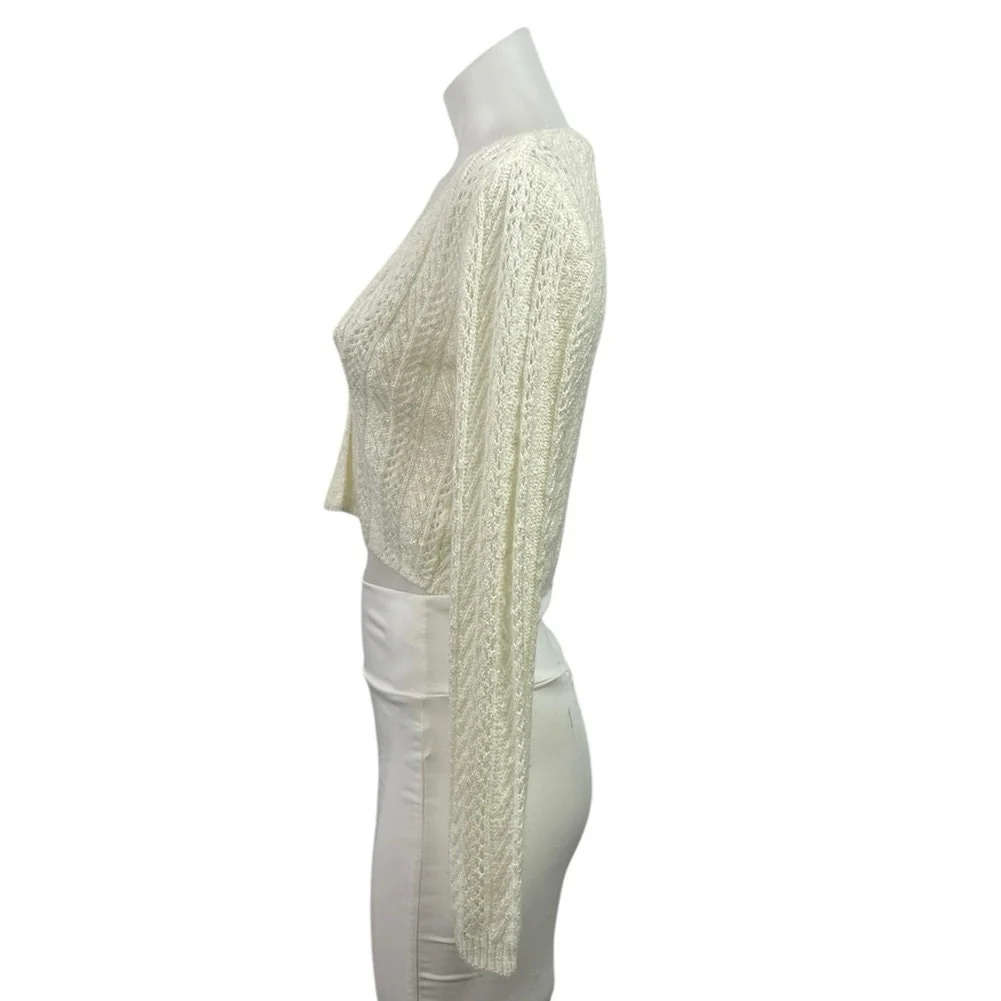 Lulus Women's Cream Pointelle Knit Long Sleeve Crop Cardigan Sweater XS - Image 2