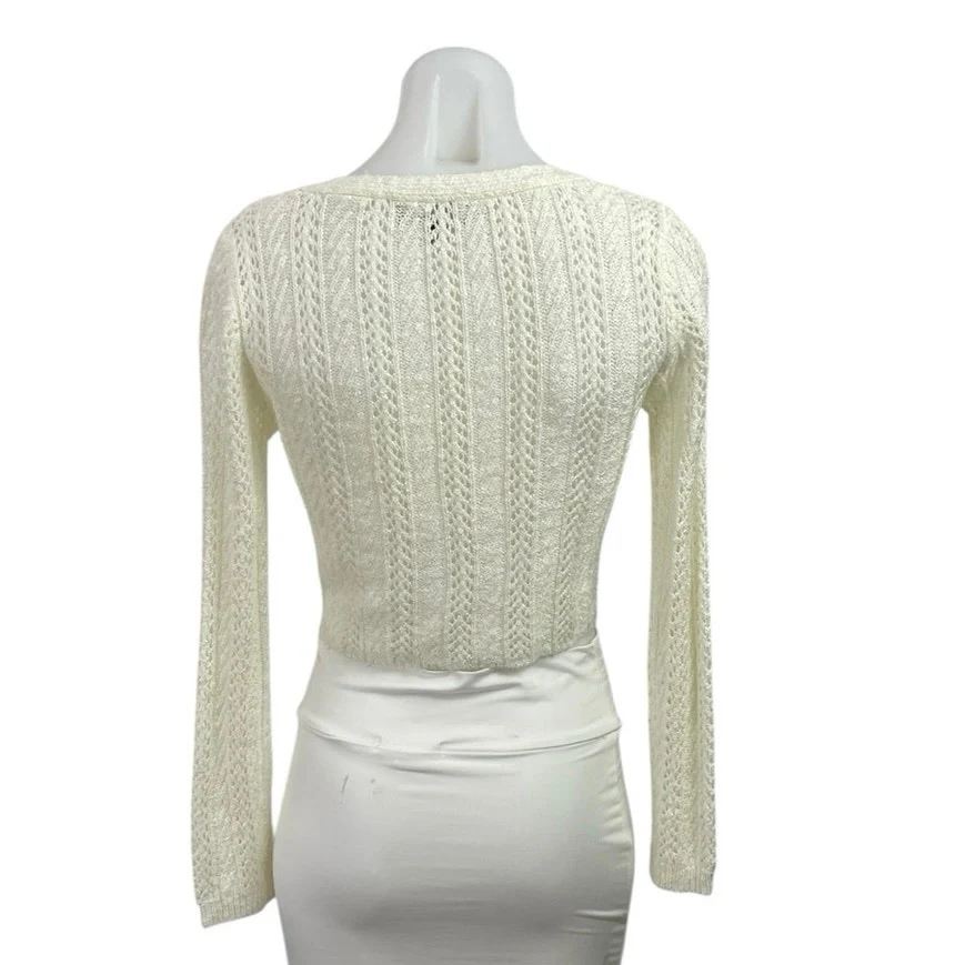 Lulus Women's Cream Pointelle Knit Long Sleeve Crop Cardigan Sweater XS - Image 3